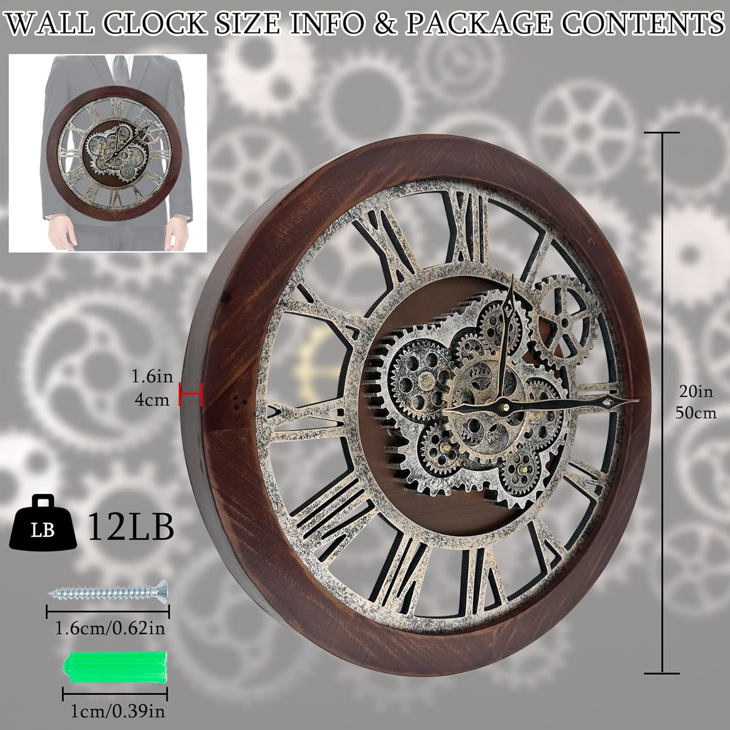 HOIBAI Reloj de pared, relojes para decoración de sala de estar, 20 pulgadas, reloj de pared grande con engranajes móviles, estilo granja, vintage,