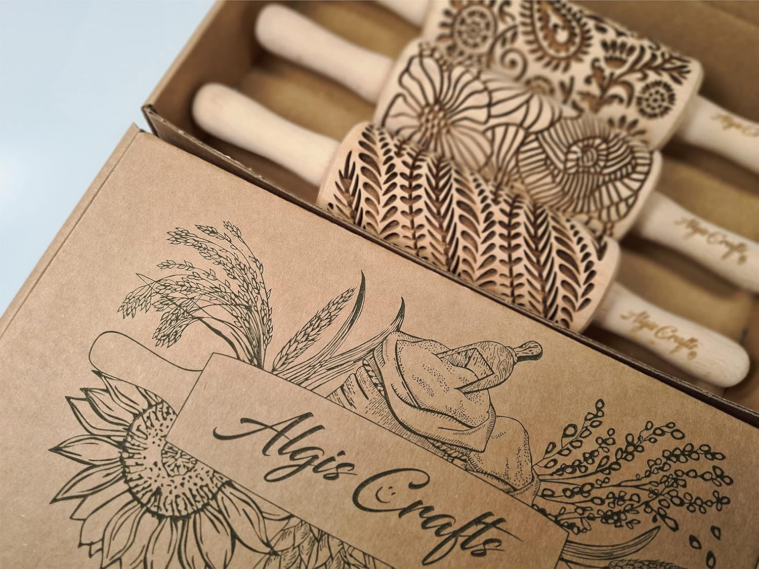 FLORAL 3 Small Textured Rolling Pinset. Wooden laser engraved embossing dough roller for embossed cookies gift for Birthday, Easter by Algis Crafts