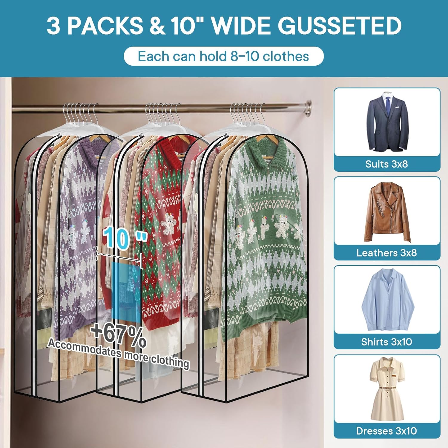 Paquete de 3 bolsas de ropa transparentes reforzadas de 10 pulgadas, bolsas de traje de 43 pulgadas para almacenamiento en el armario, bolsas de
