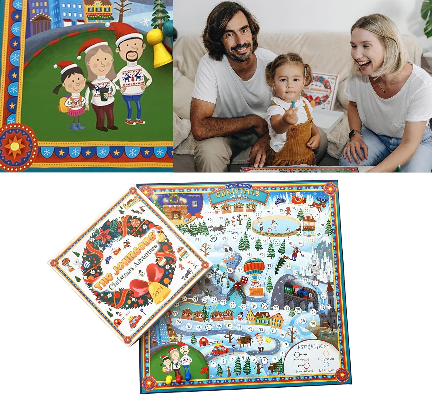 Retro Vintage Style Roll-and-move Board Game Christmas Adventure Personalized Game for Kids and Adults