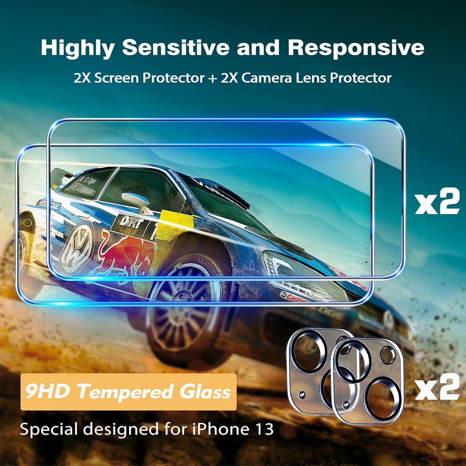 YATWIN Funda 5 en 1 diseñada para iPhone 13 con 2 protectores de pantalla + 2 protectores de lente de cámara, silicona líquida, delgada, de goma