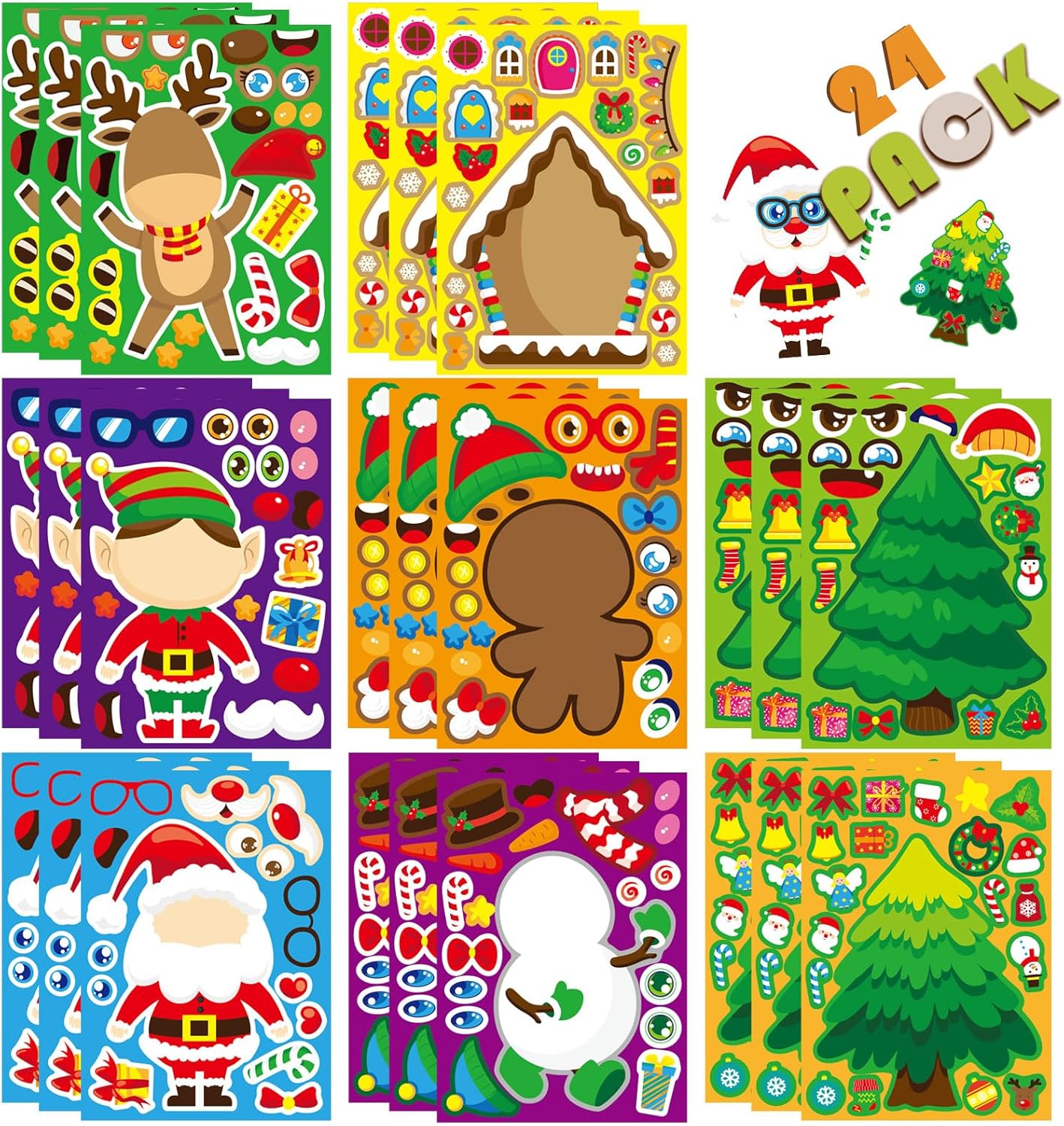 24 hojas de calcomanías de Navidad, haz tus propios personajes de Navidad para niños, manualidades de Navidad, actividades, calcomanías para niños y