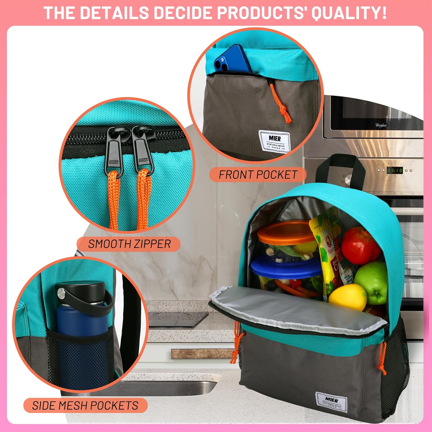 MIER Mochila térmica térmica pequeña, a prueba de fugas, ligera, linda para el trabajo, picnic, camping, viajes de un día al parque, 15 L