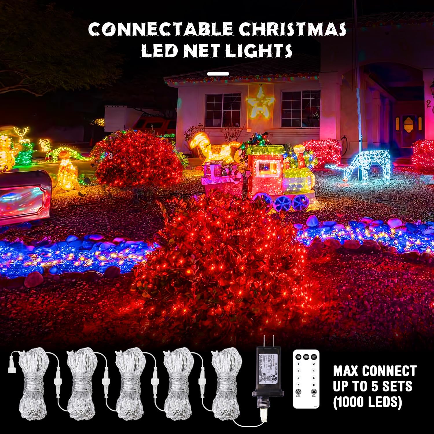 JMEXSUSS 200 luces LED rojas de red de Navidad, 9.8 pies x 6.6 pies, luces de arbusto de Navidad conectables con control remoto, 8 modos de enchufe,