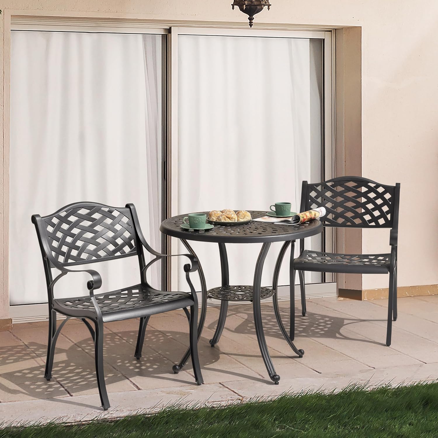 NUU GARDEN Juego de 2 sillas de comedor de aluminio, para interiores y exteriores, con brazos para jardín, patio, porche, color negro con motas