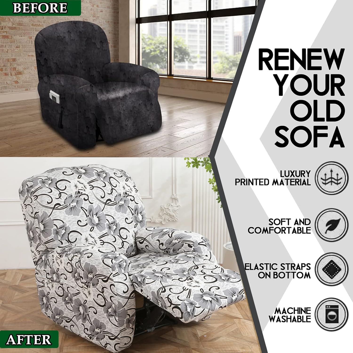 CRFATOP Funda elástica para sillón reclinable con bolsillos, estampado floral, funda reclinable individual de 4 piezas, funda para sofá reclinable