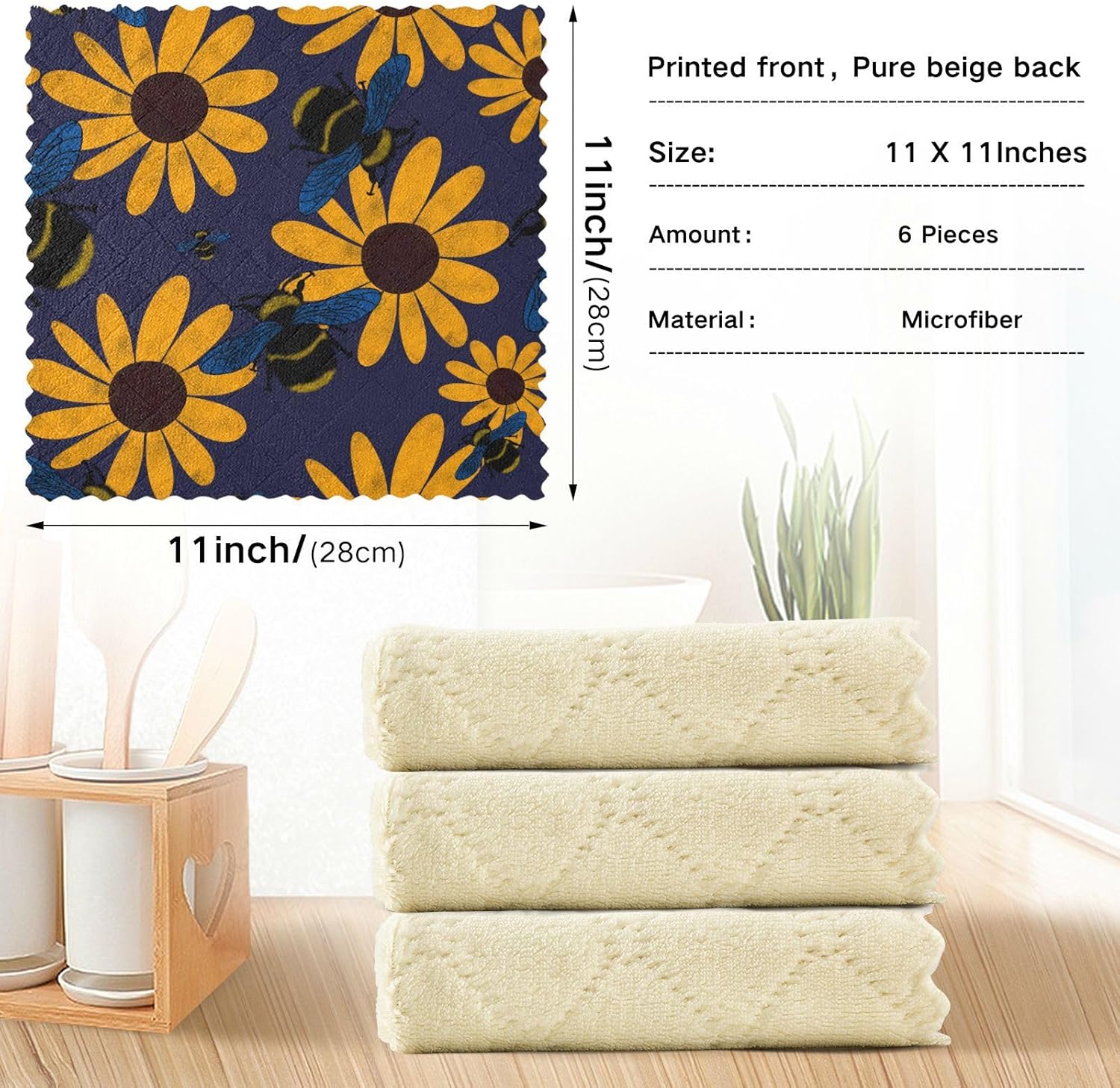 FRODOTGV Summer Floral Bees Happy Blue Cotton Decor Microfiber Towel for Kitchen Fast Drying 6 Pack Microfiber Towel for Restaurant Coffee