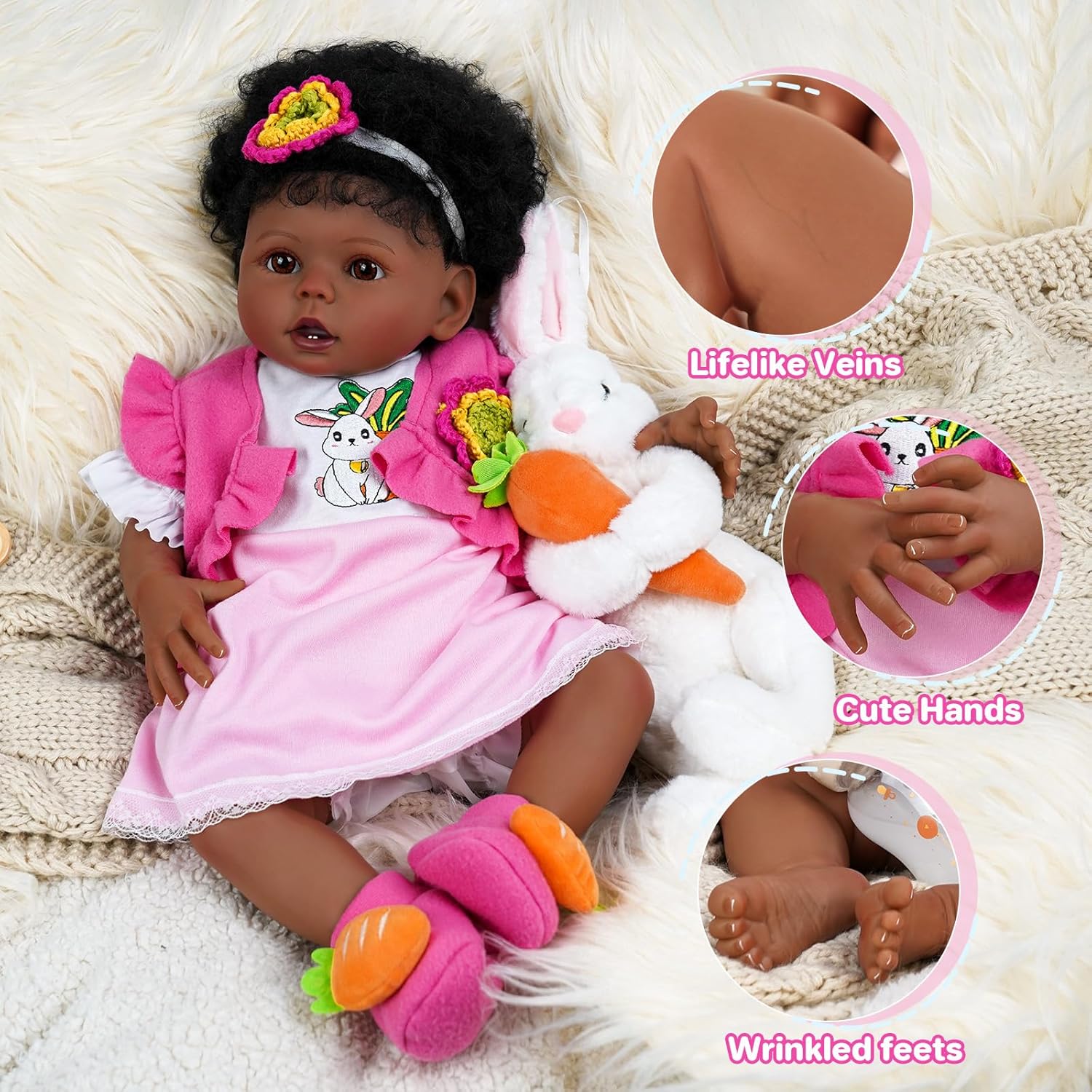 Muñecas realistas de bebé recién nacidas afroamericanas de 20 pulgadas que se ven reales con juguetes de conejo, juego de ropa para niñas y niños a