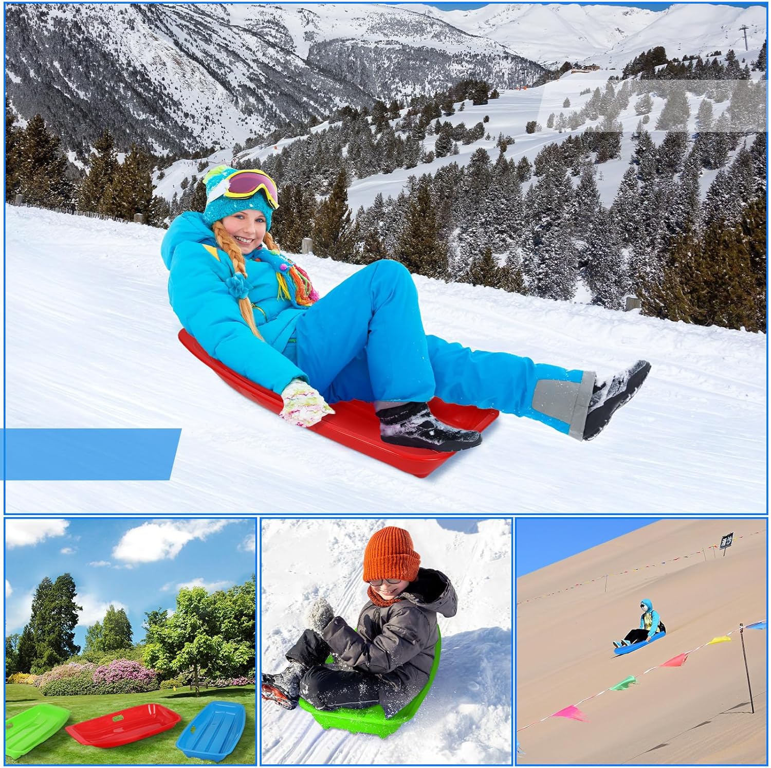 Paquete de 12 trineos de nieve duraderos de 35 pulgadas, trineos de arena de plástico con asas integradas y cuerda de tracción para niños, niñas y
