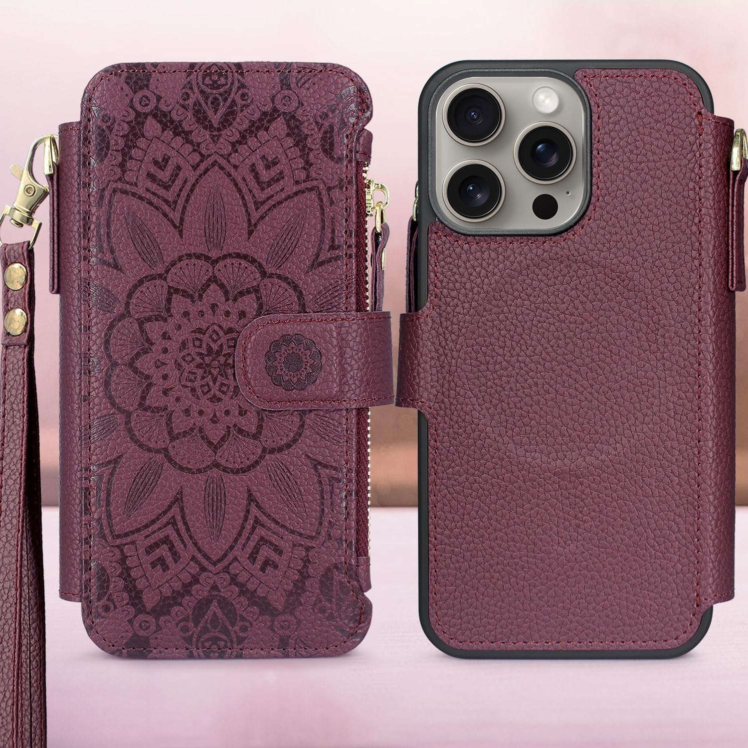 Harryshell Funda compatible con iPhone 15 Pro, con carga inalámbrica MagSafe con 3 ranuras para tarjetas, bolsillo con cremallera, bolsillo con