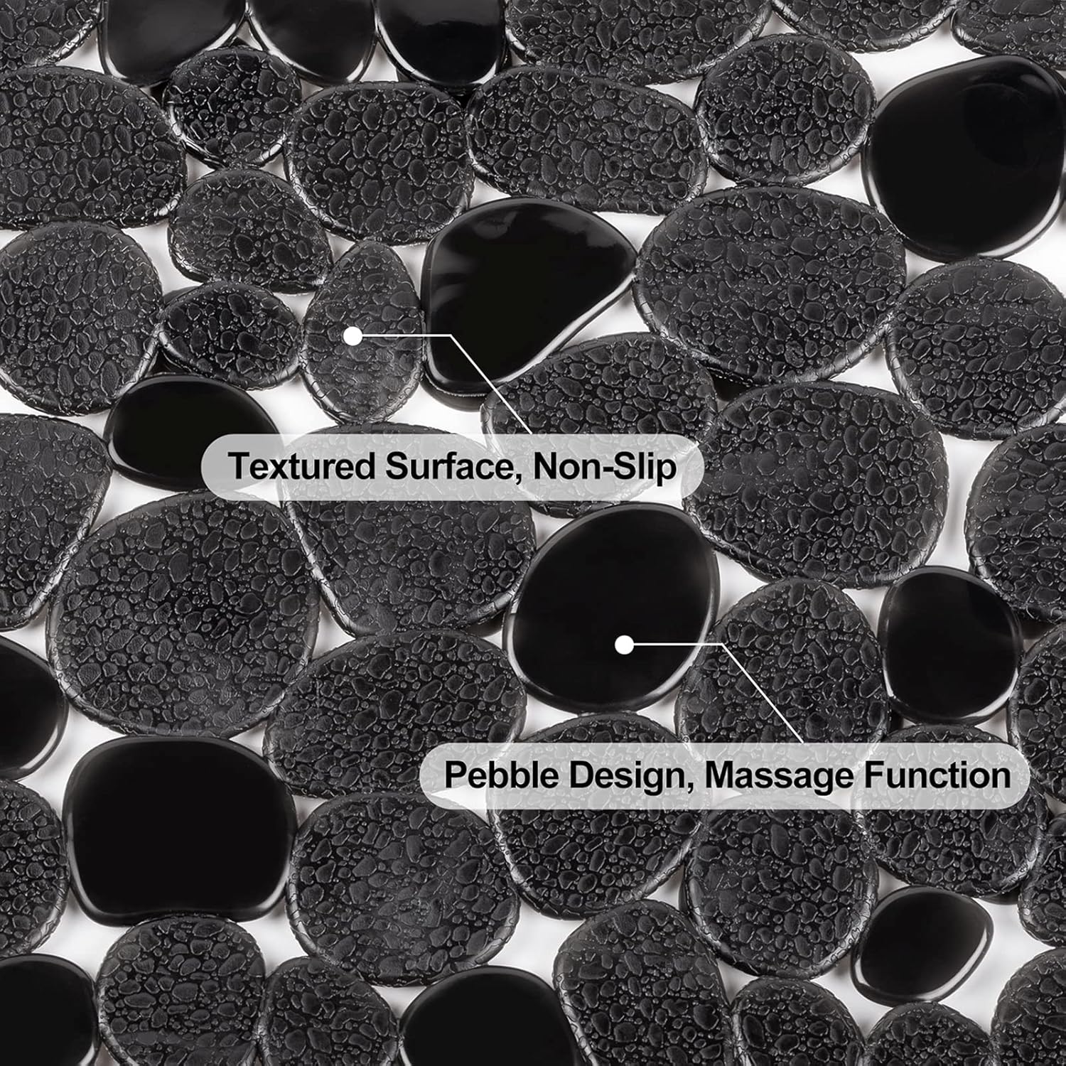 WELTRXE Pebbles – Tapete de baño antideslizante para bañera, color negro, con ventosas, agujeros de drenaje para duchas de baño, bañera, lavable a