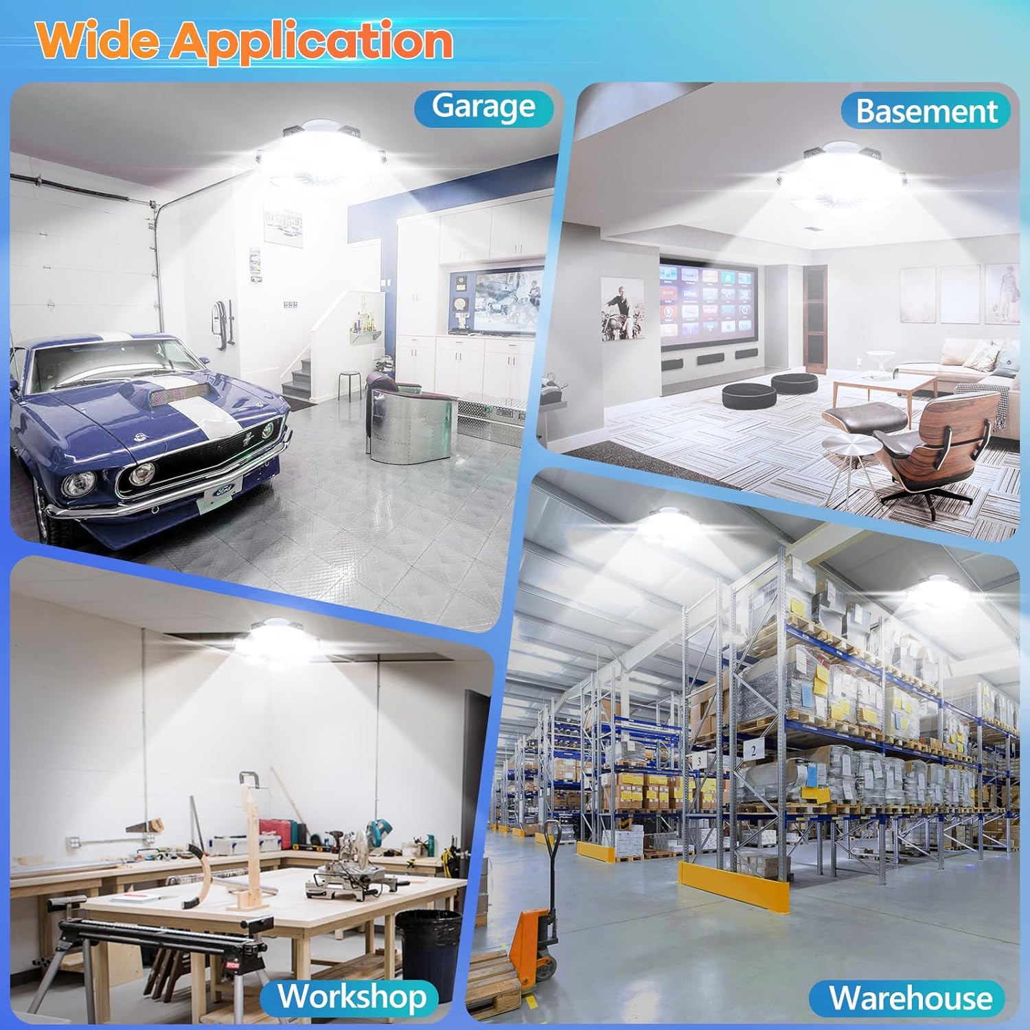 Paquete de 4 luces LED de garaje de 210 W, luces LED de garaje con 7 paneles deformables, 21000 lm 6500 K, luces de techo de garaje súper brillantes