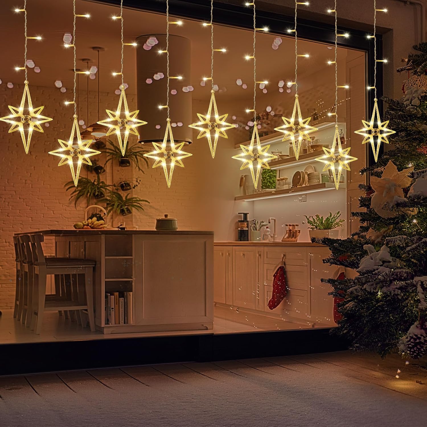 VIHOSE Guirnalda de luces de cortina de estrellas de Navidad, 138 LED, 16 luces Polaris para ventana, enchufables con 8 modos de luces colgantes