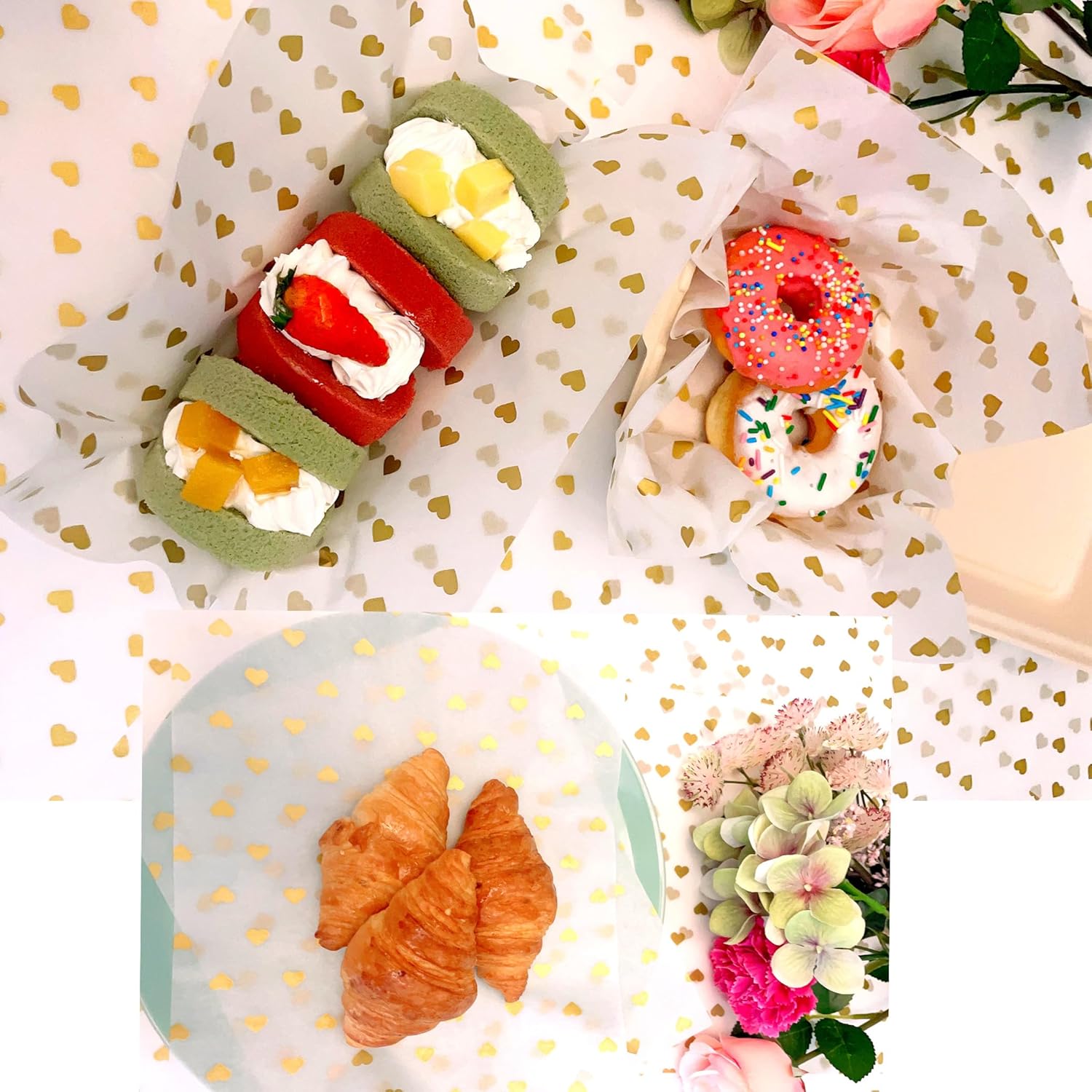 Suiwen 150 piezas de papel de cera de corazón dorado, papel de picnic para alimentos, papel de delicatessen a prueba de grasa, papel de hamburguesa