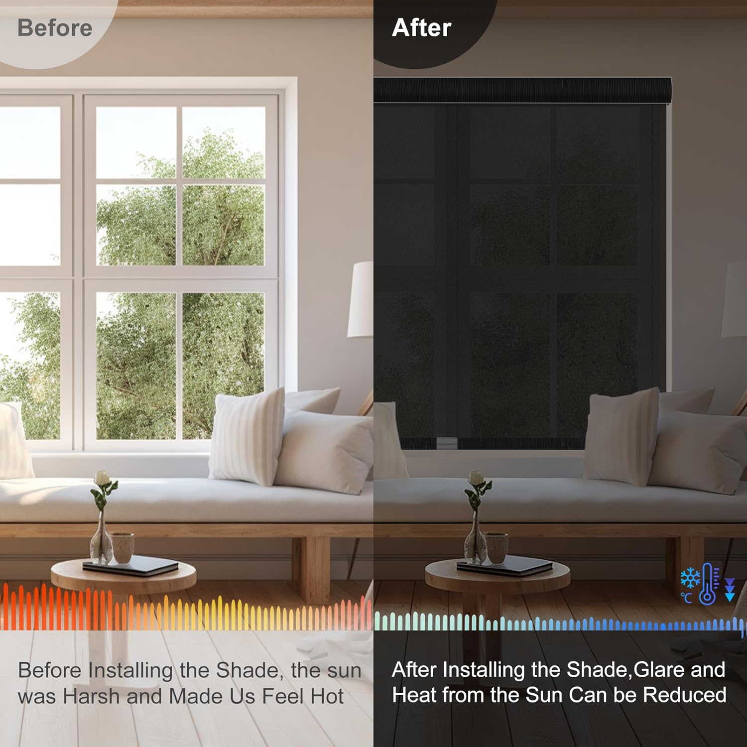 Persianas enrollables solares sin cordones con filtro de luz para ventanas con cenefa de casete, cortinas traslúcidas y reducen el deslumbramiento,