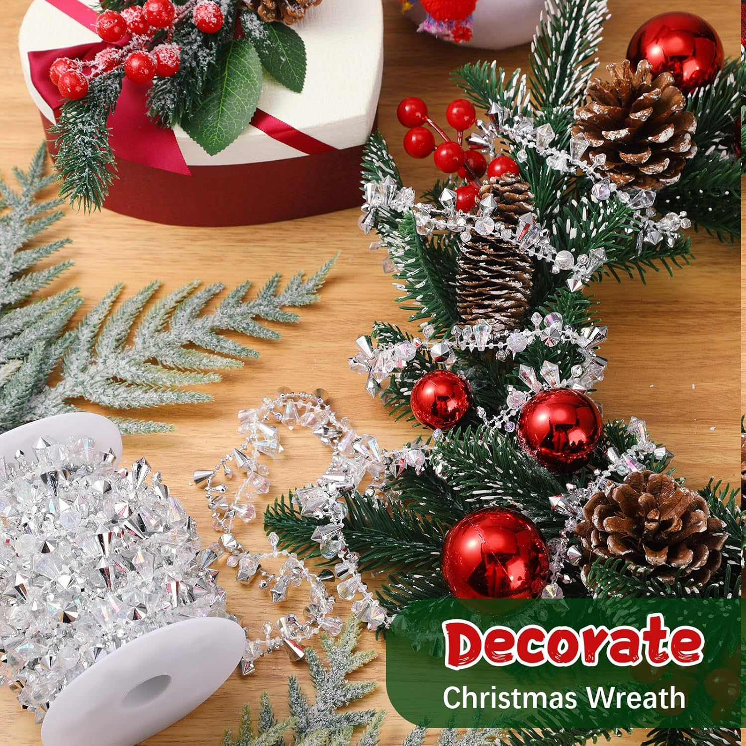 Bucherry Guirnalda de Navidad de 20 pies con cuentas de acrílico de cristal para colgar decoraciones rústicas para árbol de Navidad, adornos de