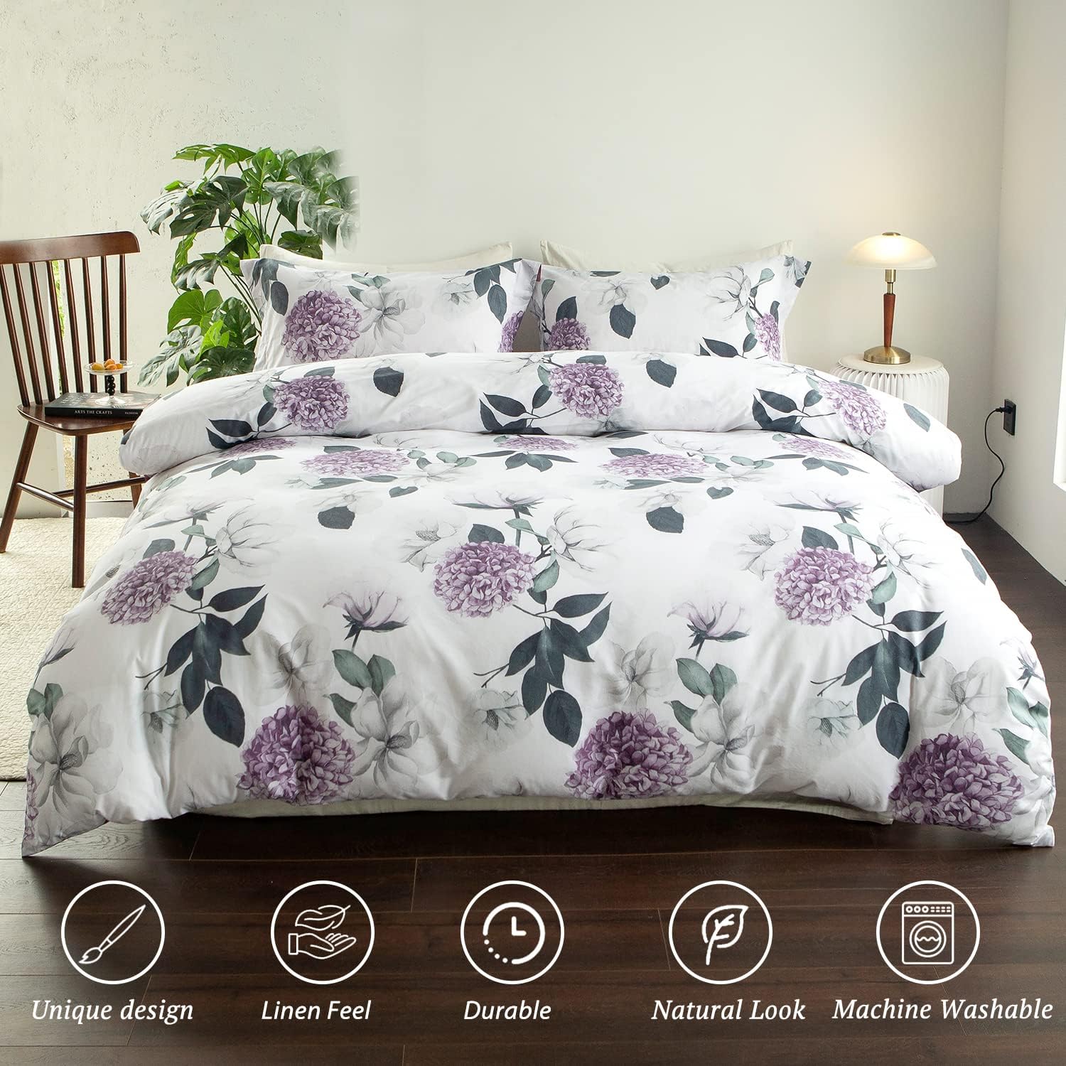 MILDLY Juego de funda de edredón 100% algodón lavado, juego de funda de edredón floral de hortensias moradas, juego de ropa de cama con cierre de