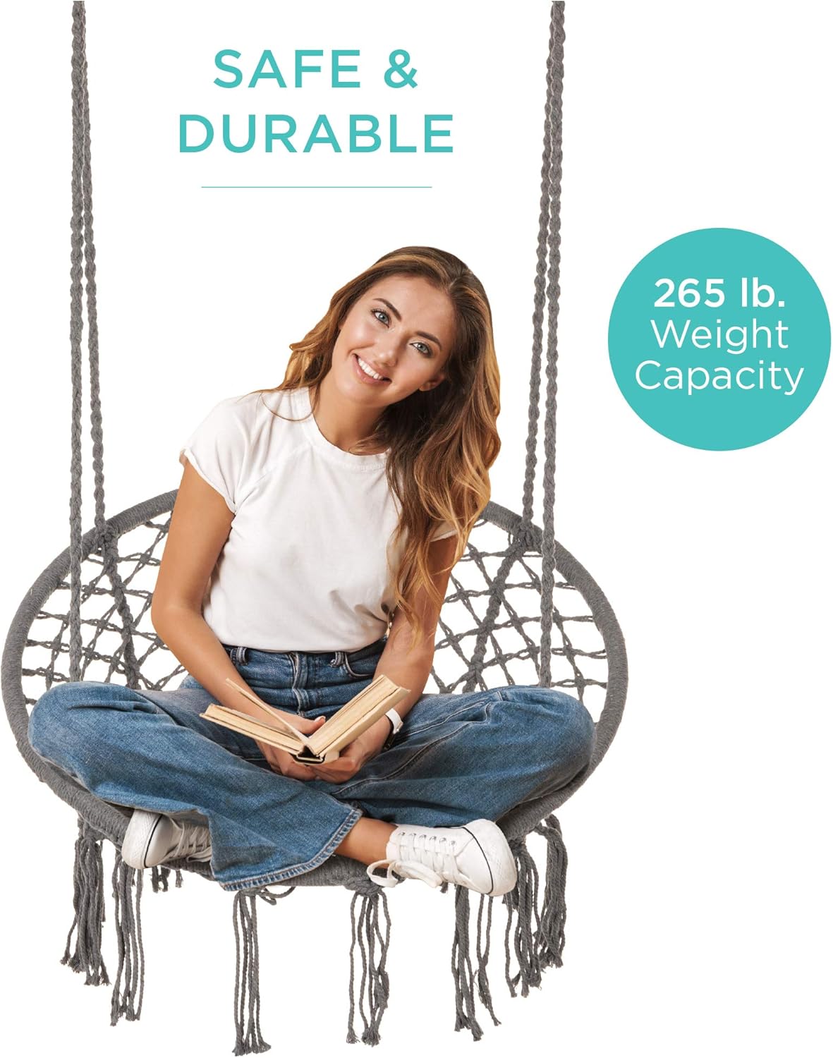 Best Choice Products Hamaca de macramé de algodón tejida a mano para uso en interiores y exteriores con respaldo, borlas de flecos, capacidad de 265
