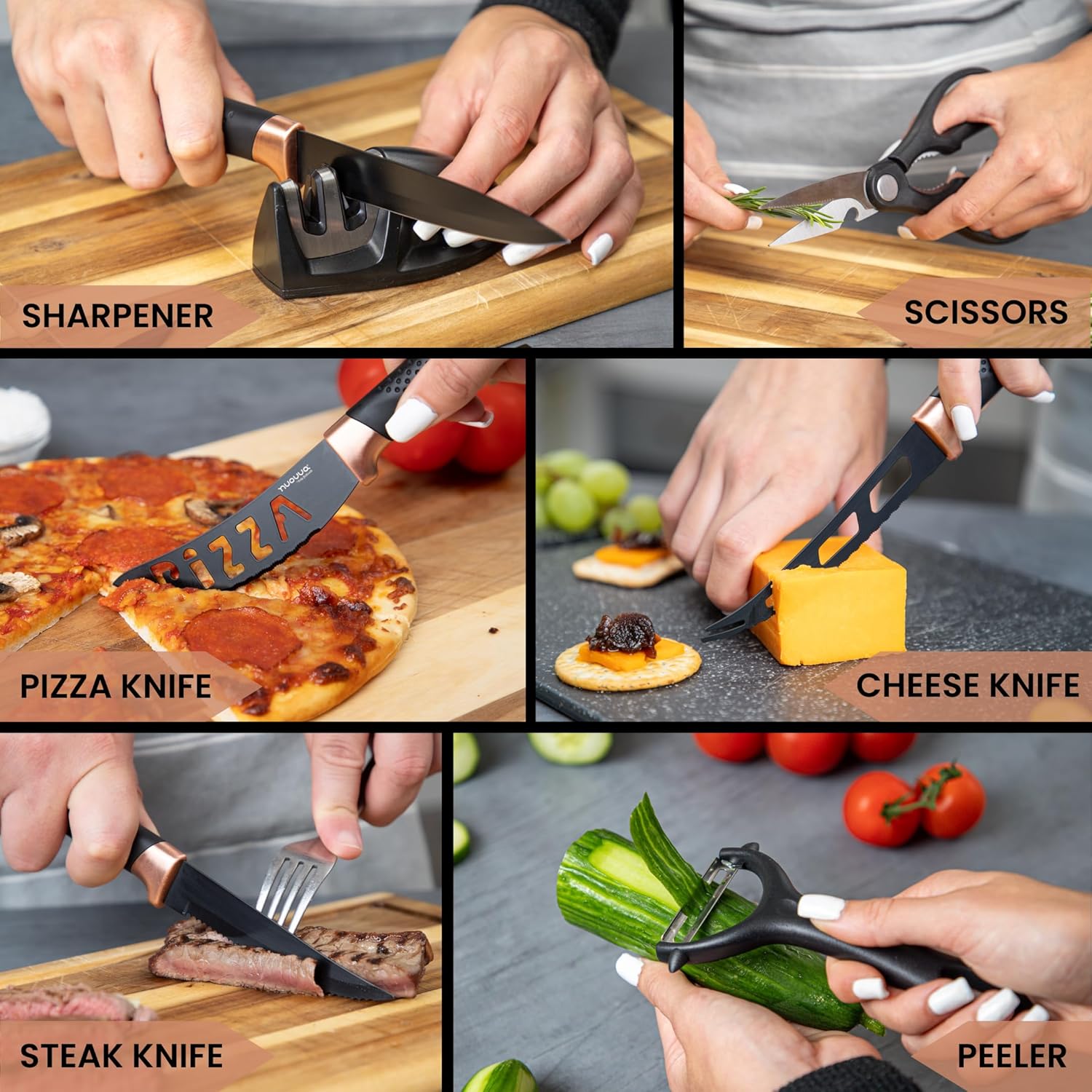 nuovva Juego de cuchillos de cocina profesionales con bloque, juego de cuchillos de cobre de 17 piezas con cuchillos para carne, bloque de acrílico