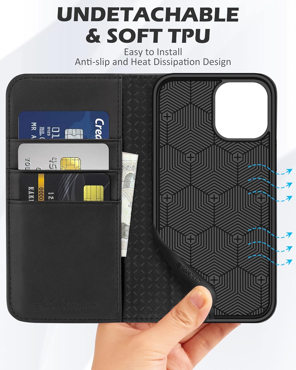 SHIELDON – Funda para iPhone 1212 Pro, cuero genuino, cubierta magnética, tarjetero con bloqueo RFID, kickstand, funda protectora a prueba de