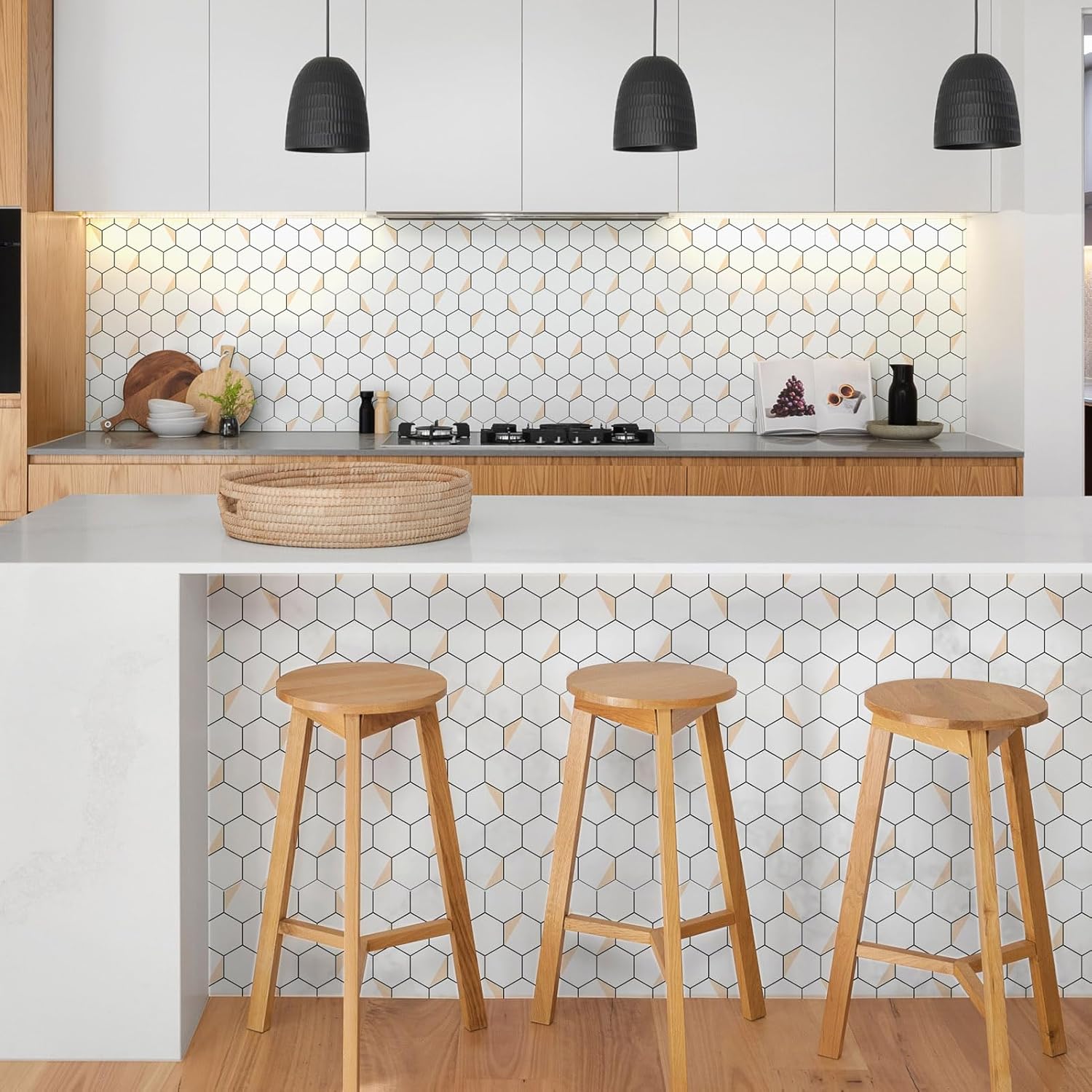Azulejos hexagonales para salpicaduras para despegar y pegar, 12 x 10.4 pulgadas, azulejos de pared de PVC 3D de metal mixto blanco puro para cocina