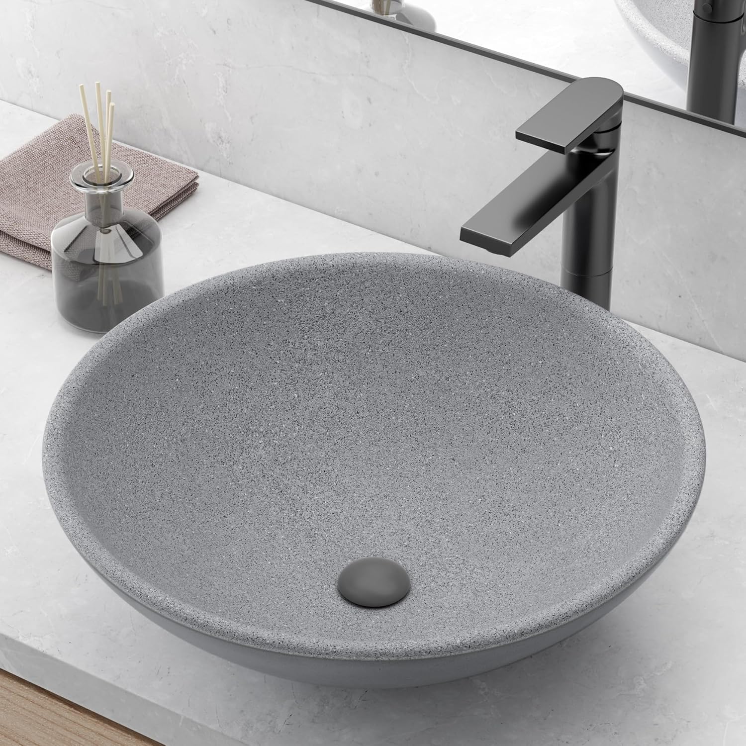 Fregadero redondo de baño de 16 pulgadas, fregadero de baño de encimera, fregadero de baño pequeño de hormigón, fregadero de baño sobre encimera,