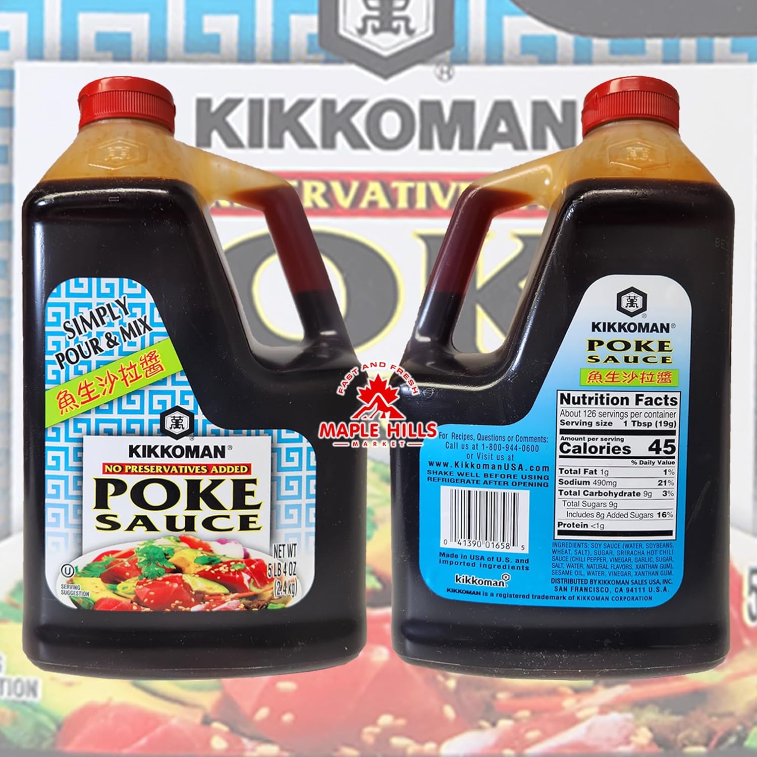 Kikkoman Pour and Mix Poke Sauce – Jarra de 5 libras y 4 onzas con útil juego de cucharas medidoras  sin conservantes añadidos  para Poke Bowls,