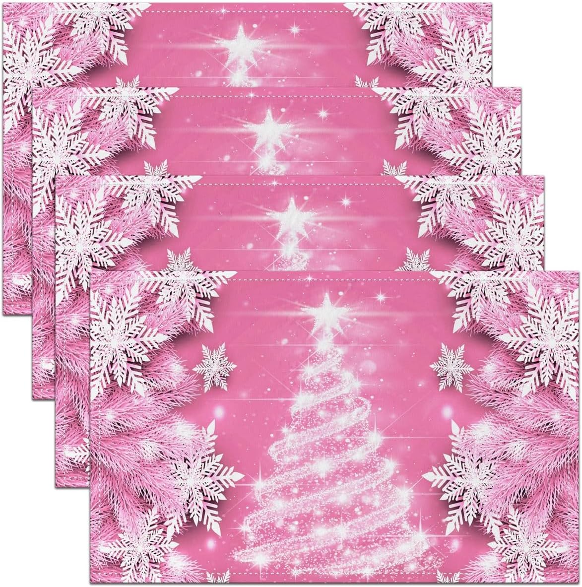Juego de 4 manteles individuales con diseño de árbol de Navidad, diseño de copo de nieve rosa, para mujer, con purpurina, decoración de mesa de