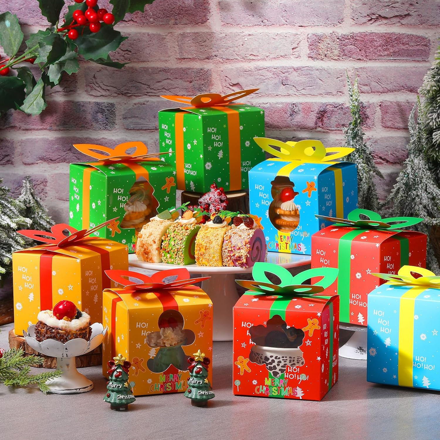 100 cajas individuales para cupcakes de Navidad 3.94, caja para hornear regalo de galletas de Navidad con asa de inserción de ventana, caja de