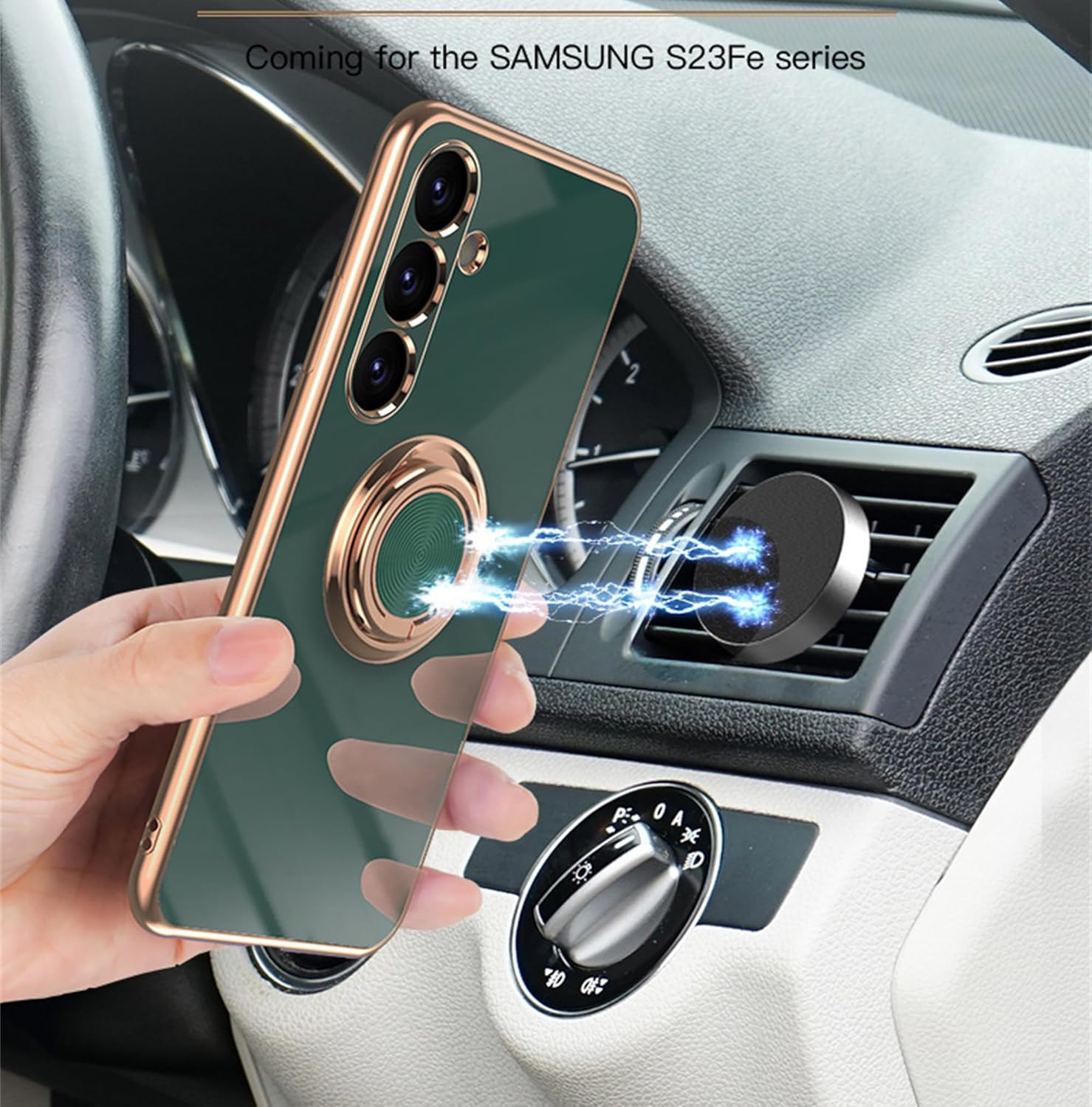 Funda para Galaxy S23 FE – Slim Fit Soporte de anillo giratorio Lujoso color dorado de metal Funda de silicona suave TPU protección a prueba de