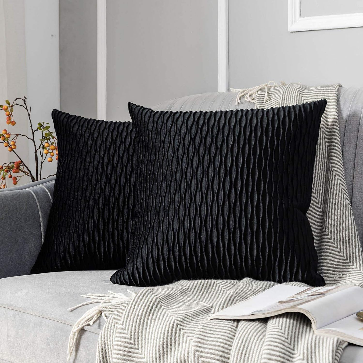 JUSPURBET – Fundas de almohada de terciopelo decorativas con rayas onduladas, paquete de 2 fundas de cojín suaves de lujo para sofá y sala