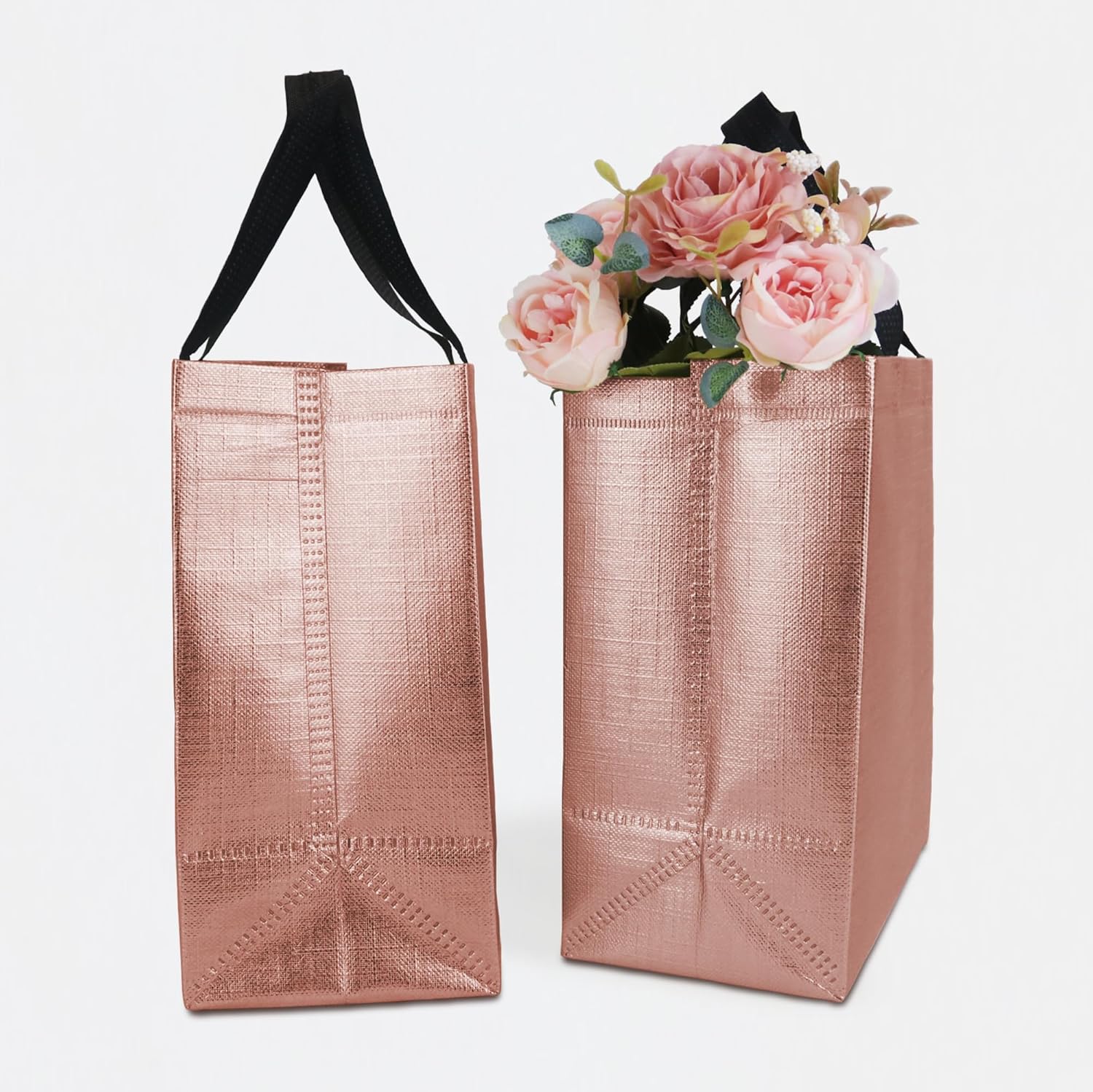 Paquete de 12 bolsas de regalo medianas de color oro rosa, bolsas de regalo reutilizables con asas, resistentes, brillantes, metálicas, no tejidas,
