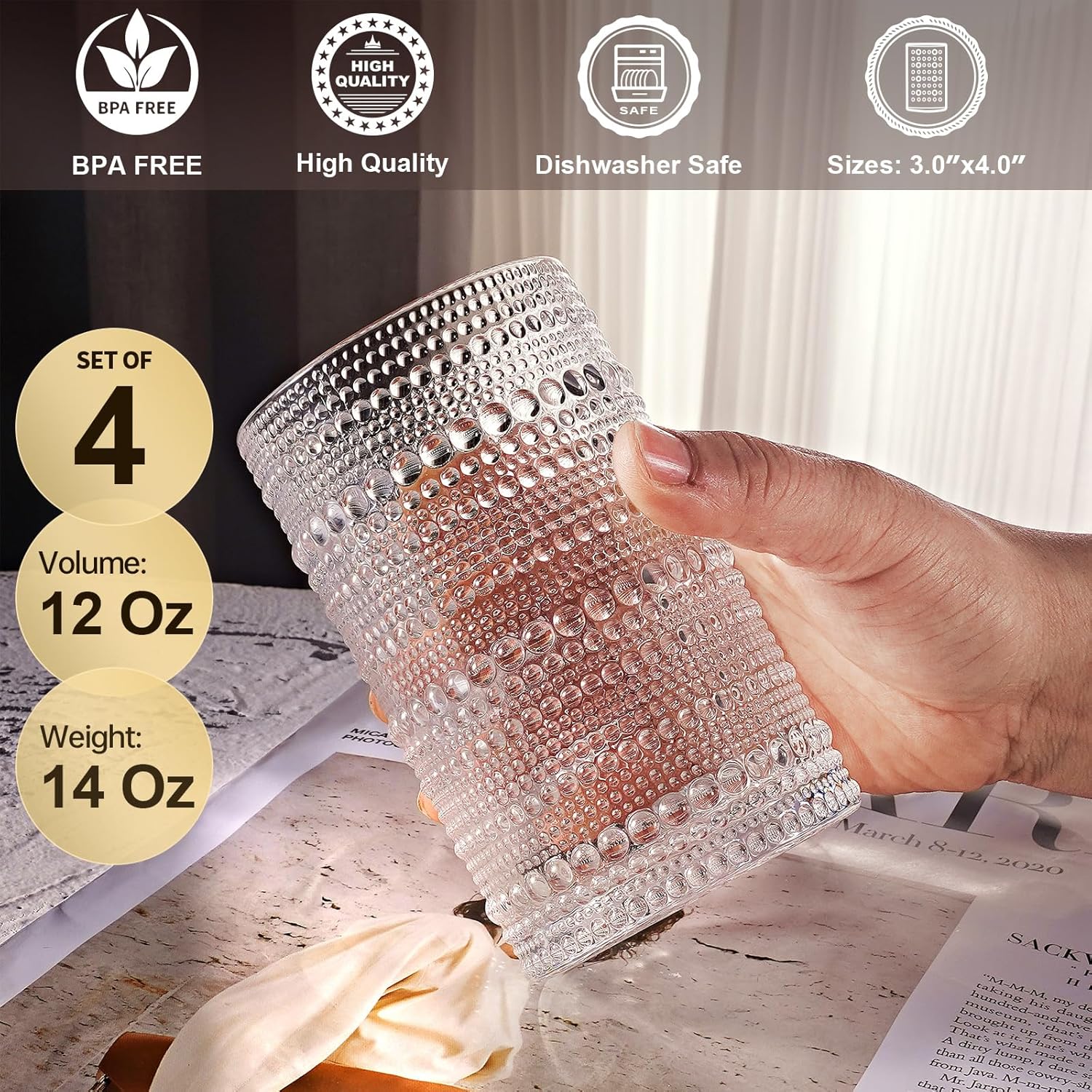 hobnail – Juego de 4 vasos altos de 12 onzas, cristalería vintage a la antigua usanza, agua, cóctel, bebidas de whisky, jugo de leche, regalo para