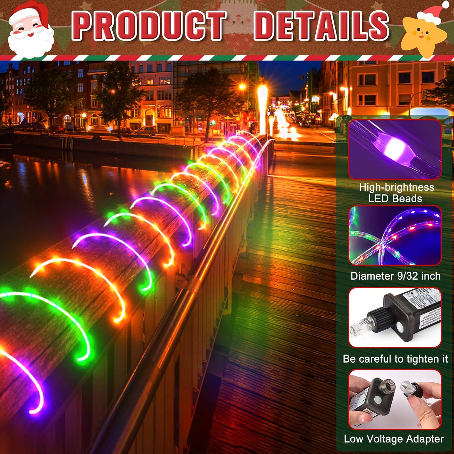 Cuerda de luces LED impermeables para exteriores, luces LED, luces de cadena de luces moradas, verdes y naranjas con 8 modos, función de memoria y