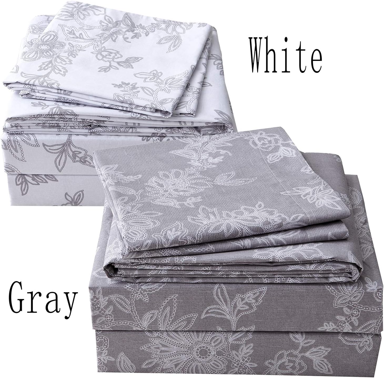 FADFAY Juego de sábanas King Farmhouse Bedding Shabby Floral Vintage Gray Ropa de cama 100% algodón súper suave, hipoalergénica, gris y blanco,
