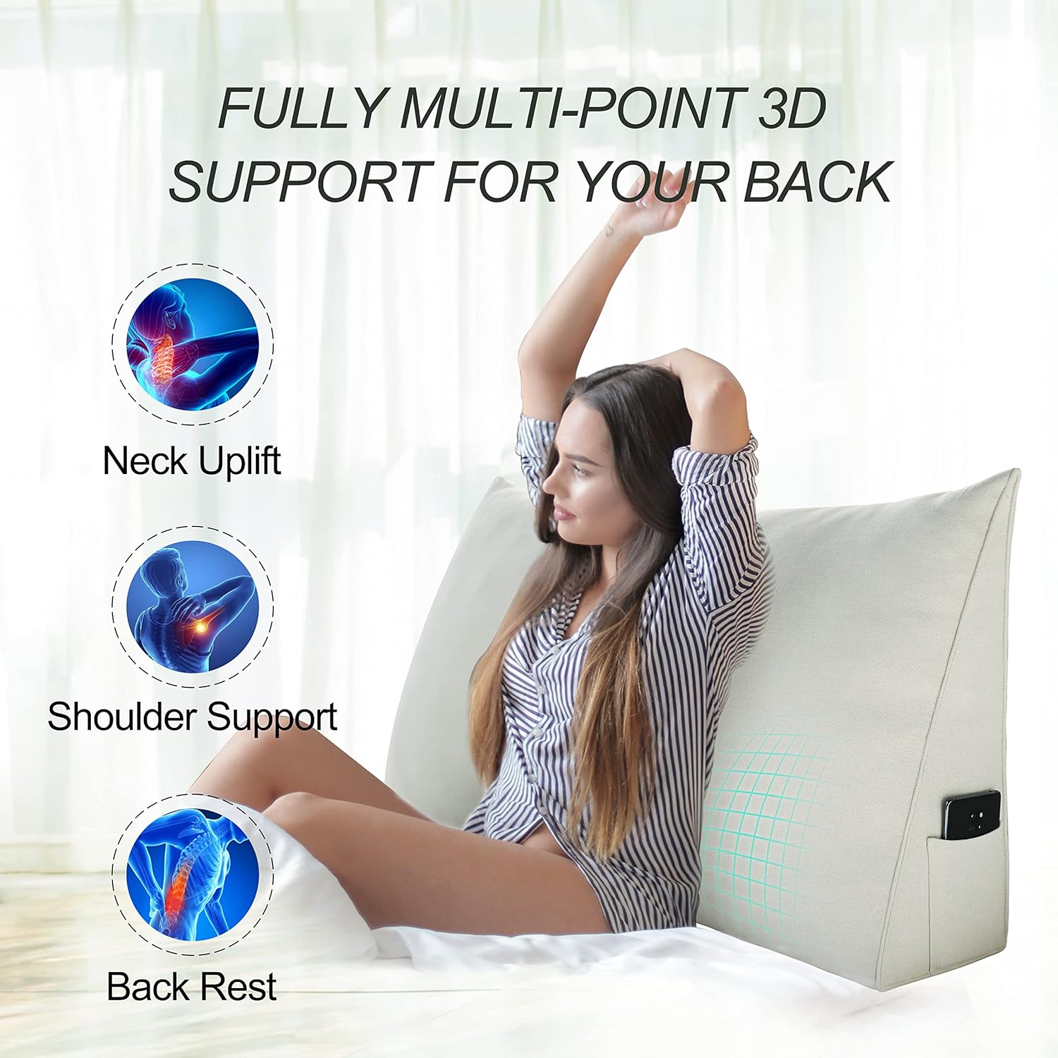 Johnear Almohada triangular para cabecero, almohada de cuña de algodón y lino, almohada grande para respaldo de lectura para sofá cama, soporte