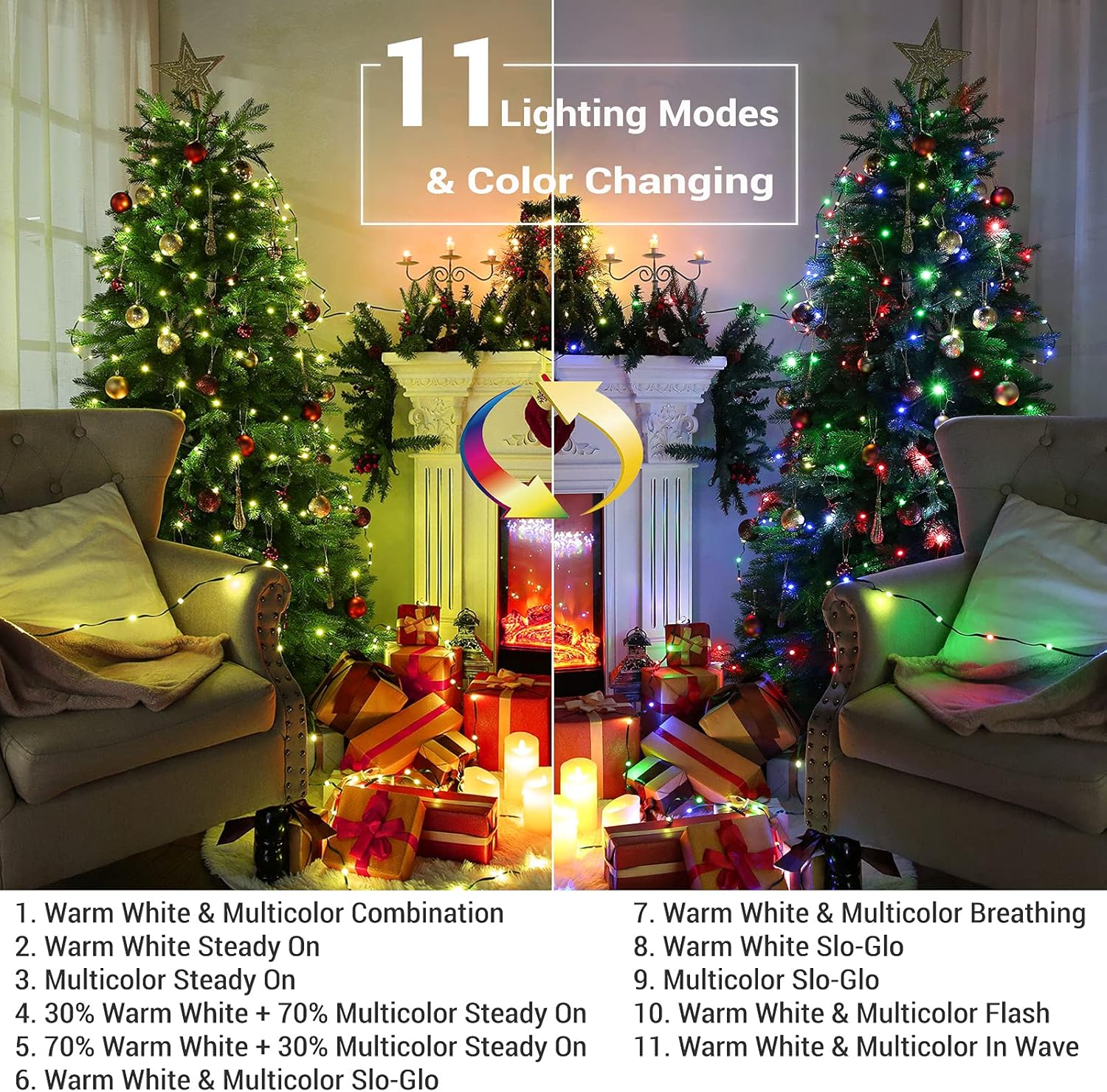 BrizLabs Luces de Navidad de doble color, 269 pies, 800 luces LED de Navidad de color blanco cálido y multicolor con control remoto, 11 modos de