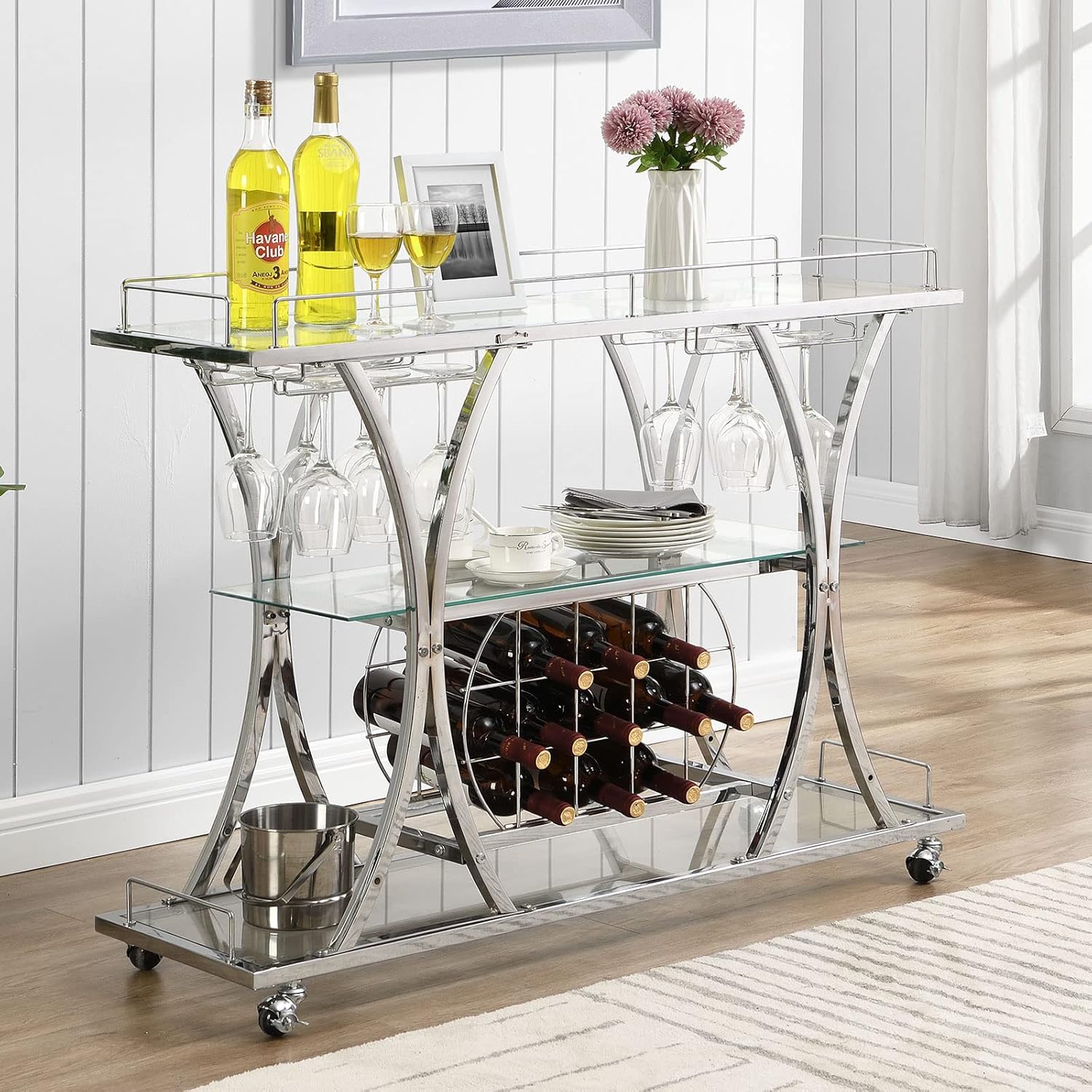 HOMYSHOPY Carrito de servicio de bar con soporte para vidrio y estante para vino, carrito de cocina de 3 niveles con estantes de vidrio templado y