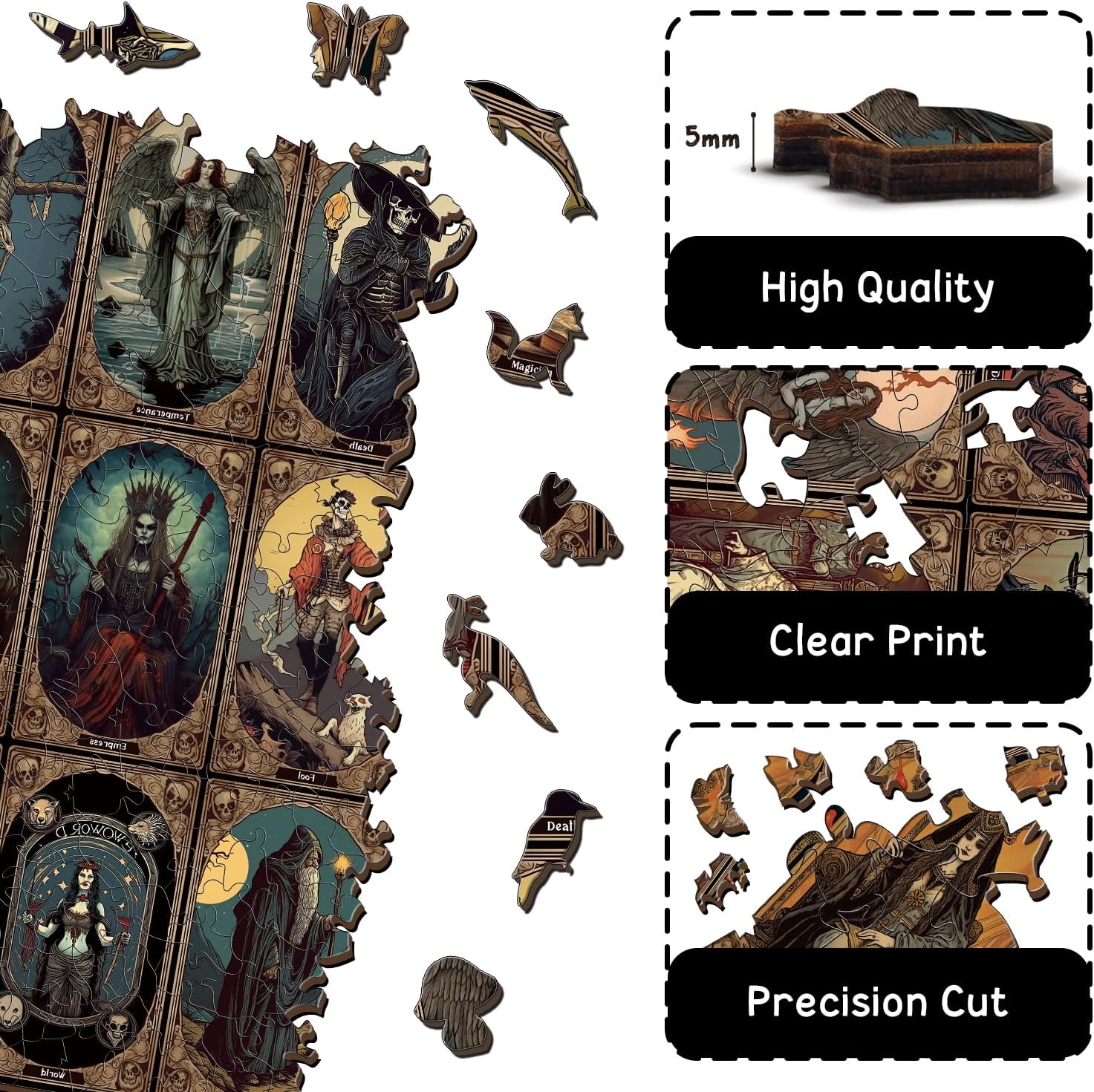 PICKFORU Rompecabezas de madera de terror para adultos, cartas de tarot aterradoras, rompecabezas de 500 piezas con forma única, rompecabezas de