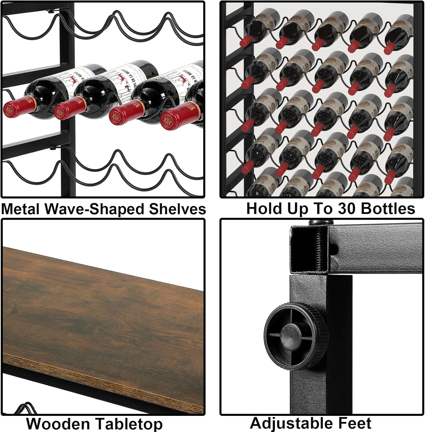 Dripex Estante de vino para 30 botellas, estante de almacenamiento de vino de 6 niveles con mesa de madera, soporte de metal resistente para