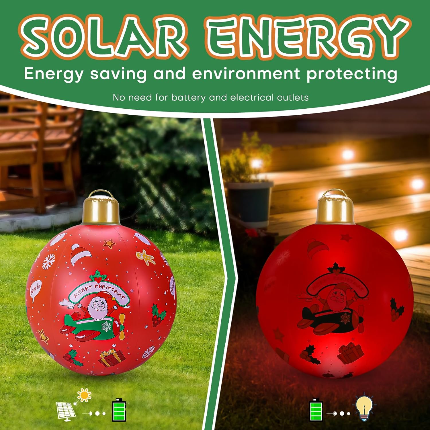 JOSEN Bola de Navidad inflable con luz solar, PVC, decoración de Navidad al aire libre, 24 pulgadas, adornos inflables grandes de Navidad gigantes