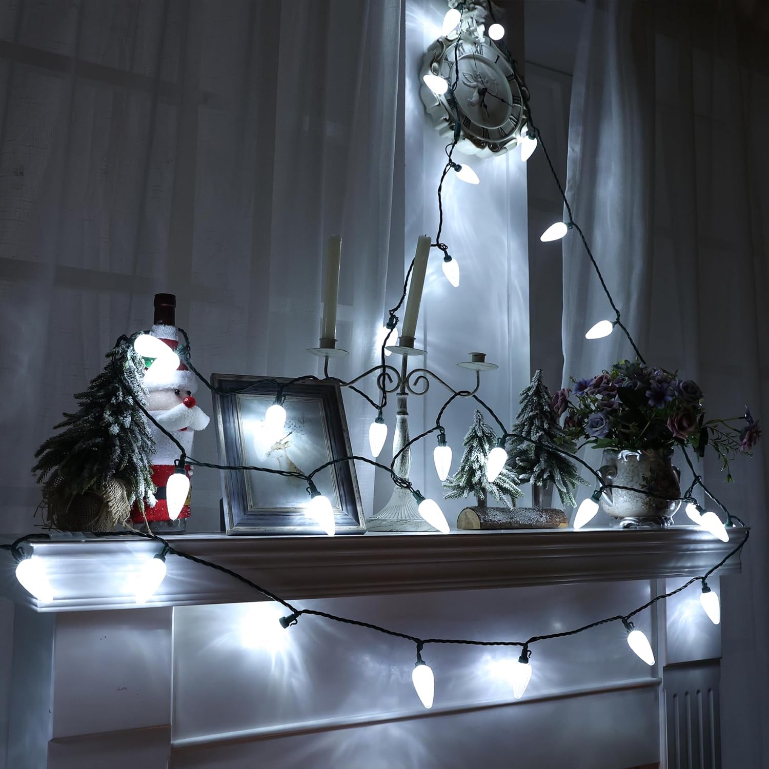 Brizled Luces de Navidad C9 blancas, 33 pies, 50 luces LED facetadas para exteriores, luces de árbol de Navidad conectables, luces de Navidad para