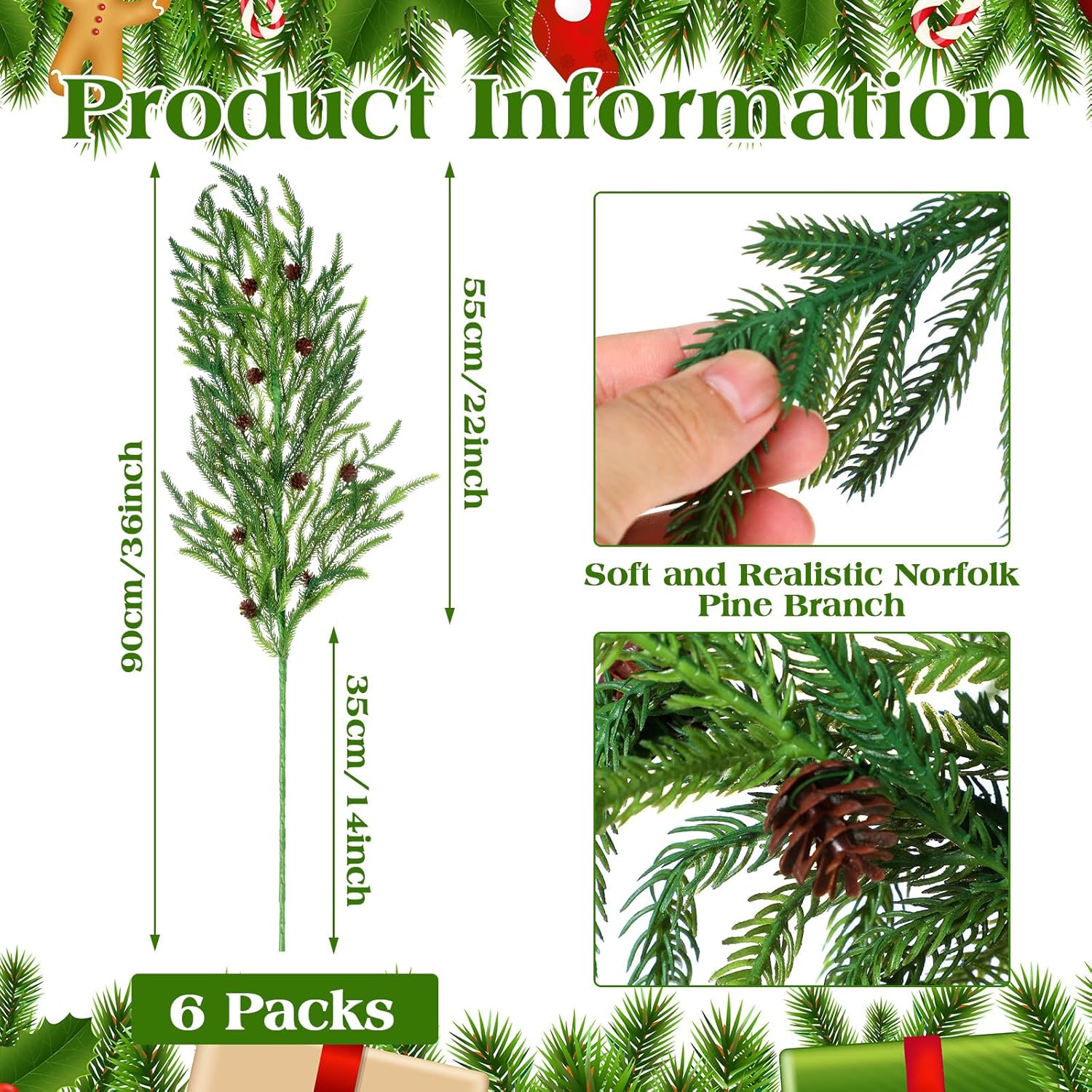 Rama de pino de Navidad de 36 pulgadas con piñas y vegetación para manualidades, guirnalda, corona y decoración del hogar (6 piezas)