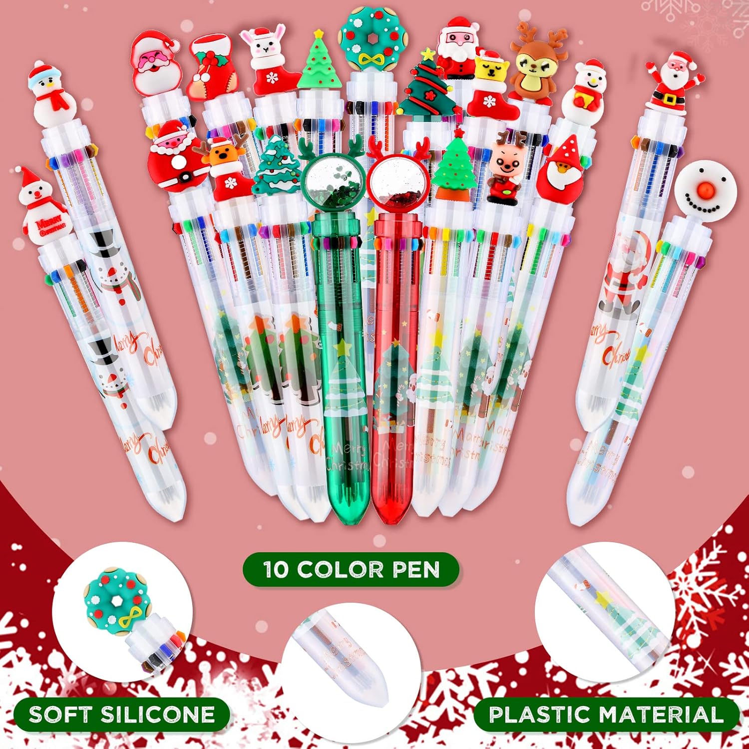 Yexiya Bolígrafo multicolor de Navidad 10 en 1, bolígrafos retráctiles de colores, árbol de Navidad, Papá Noel, muñeco de nieve, reno, lindos