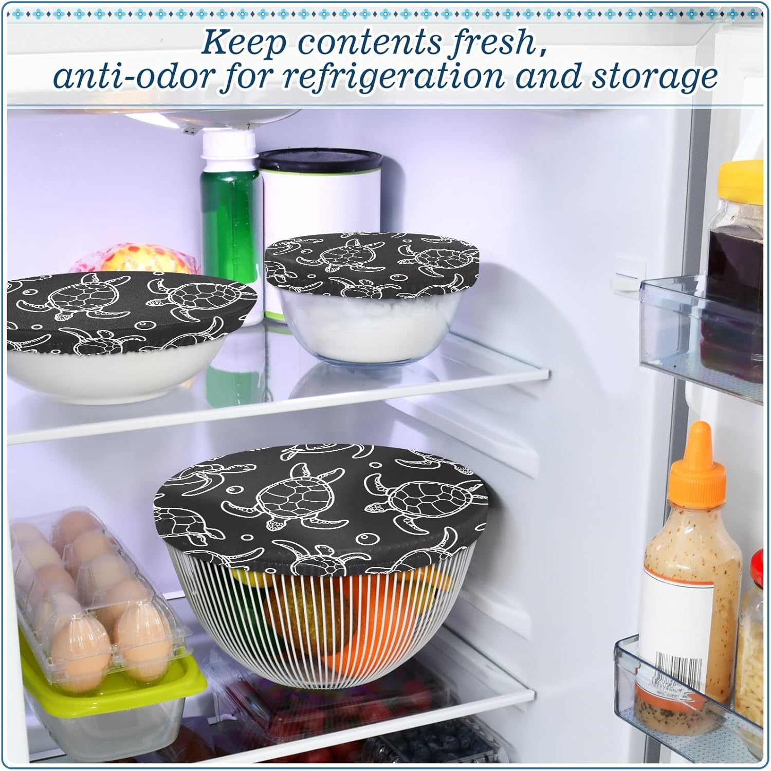 Turtles 5PCS Reusable Elastic Bowl Covers for Food Storage Stretch Cloth Fabric Lids with 5 Different Sizes Waterproof Bowl Covers for Food Fruits
