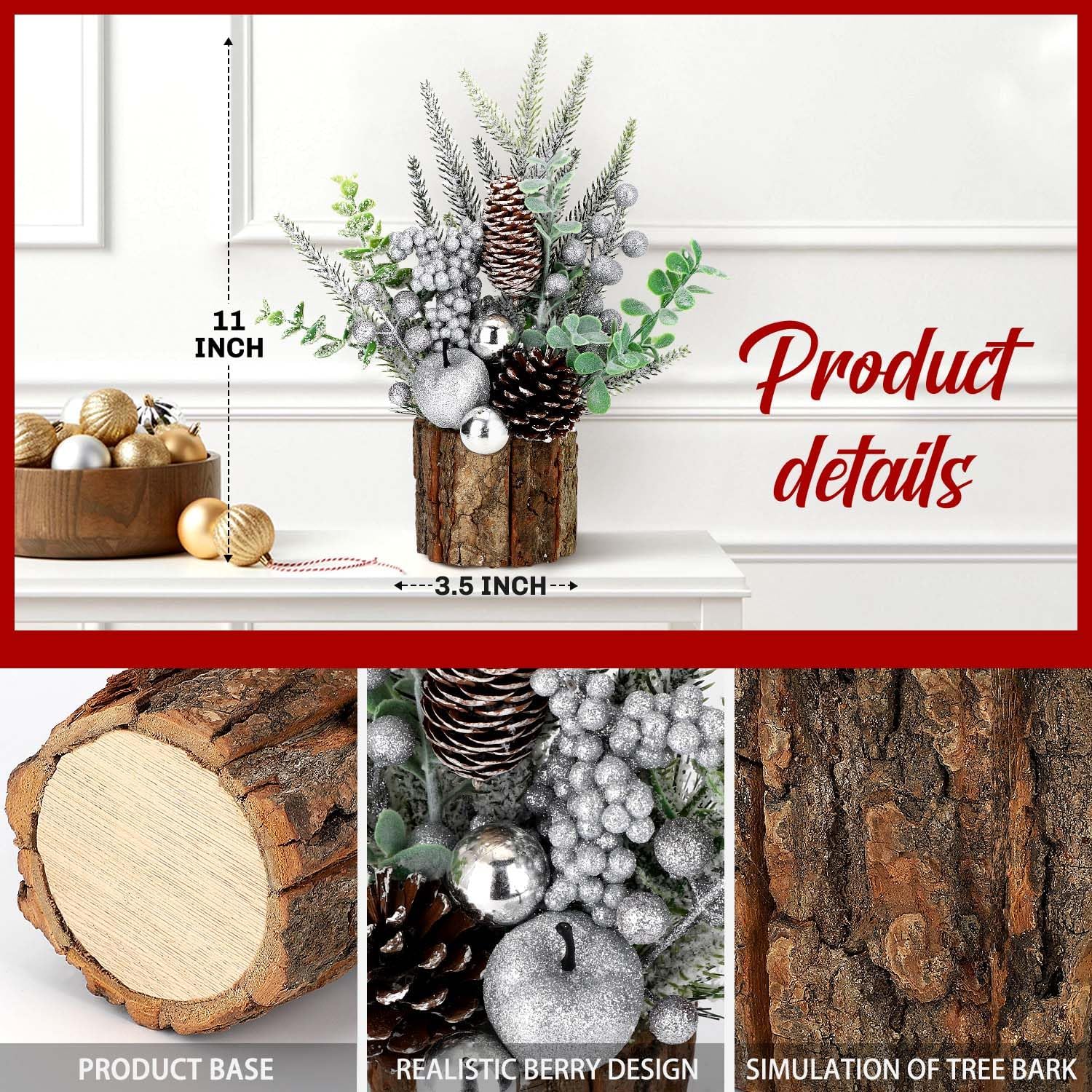 Pequeño árbol de Navidad artificial de mesa, mini decoración de árbol de Navidad con adornos navideños, conos de pino de bayas rojas, vegetación