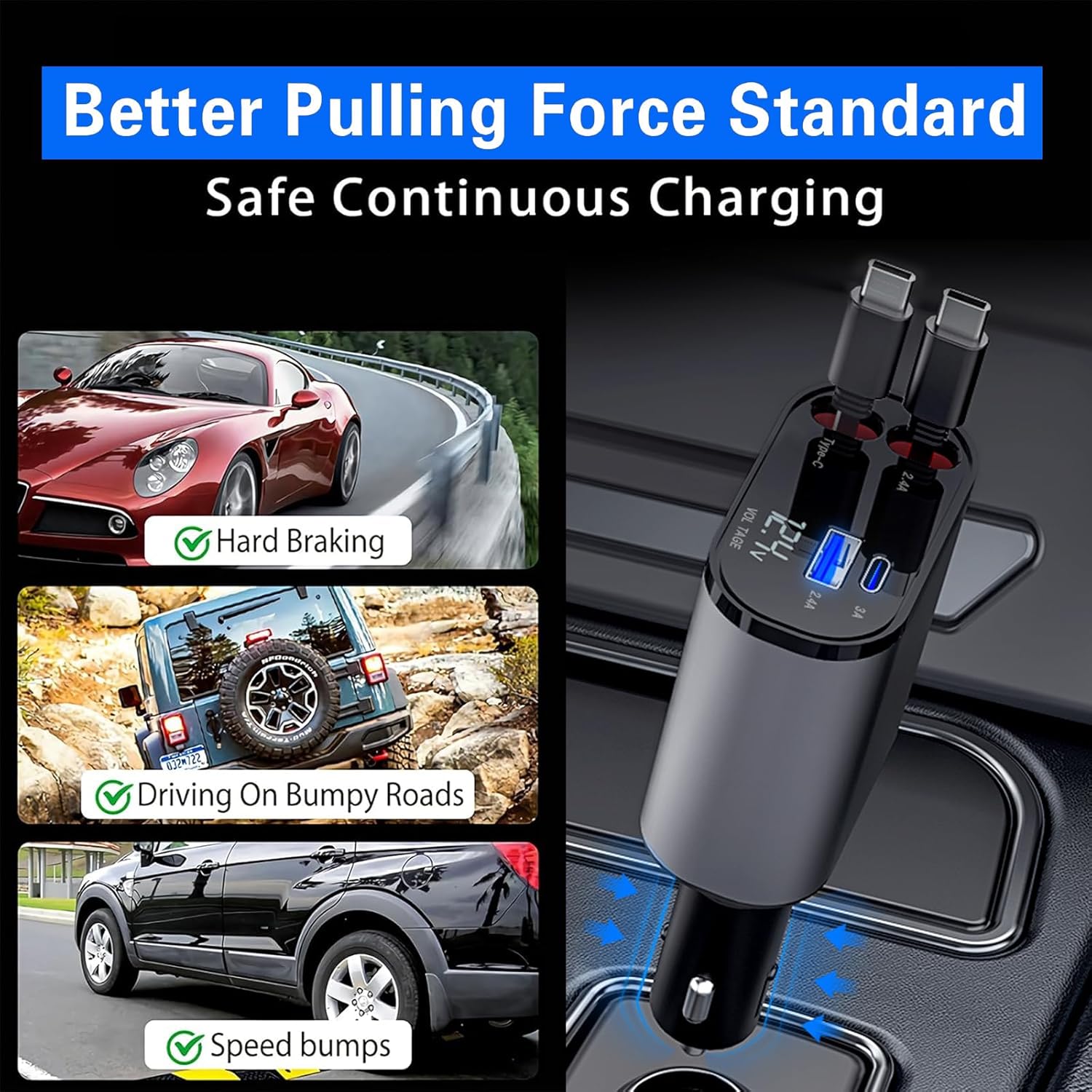 Cargador retráctil para automóvil con cables de carga retráctiles dobles tipo C y 2 puertos USB, cargador rápido 4 en 1 para teléfono con pantalla
