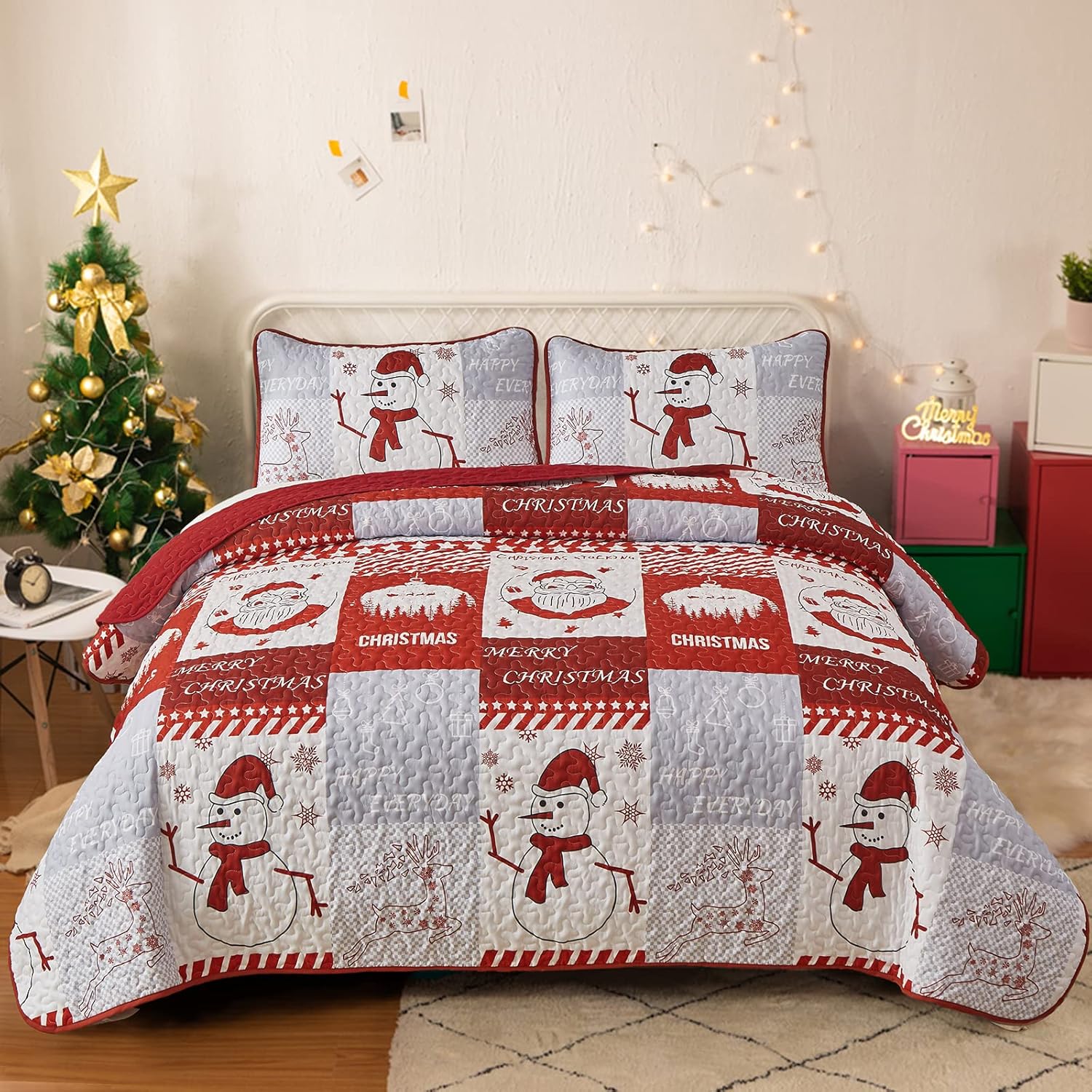 Juego de edredón de Navidad, tamaño King, con estampado rojo, Papá Noel, muñeco de nieve, colcha de microfibra suave con 2 fundas de almohada para
