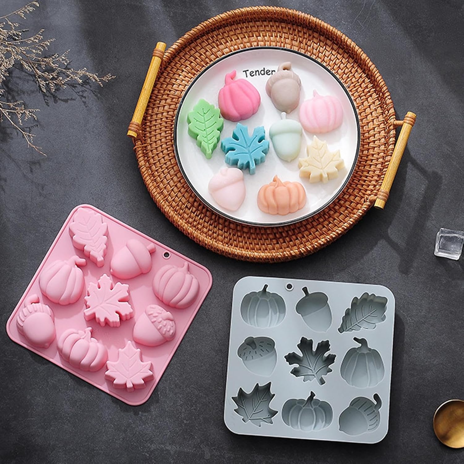 Molde de silicona de hoja de arce, 12 piezas de moldes de fondant de otoño otoñal, moldes de resina de calabaza 3D, moldes de fundición epoxi con