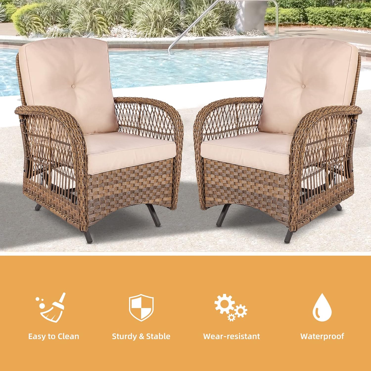 Sillas mecedoras de ratán para exteriores, juego de 2 sillas de patio bistró con cojines gruesos, muebles para todo tipo de clima, juego de